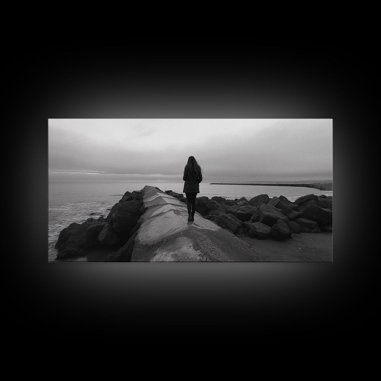 Woman Walking, Jetty View, Seaside Mood, Solitude Moment, Framed Canvas Print, Moody Wall Art, Bedroom Meditation Decor, Boho Decor