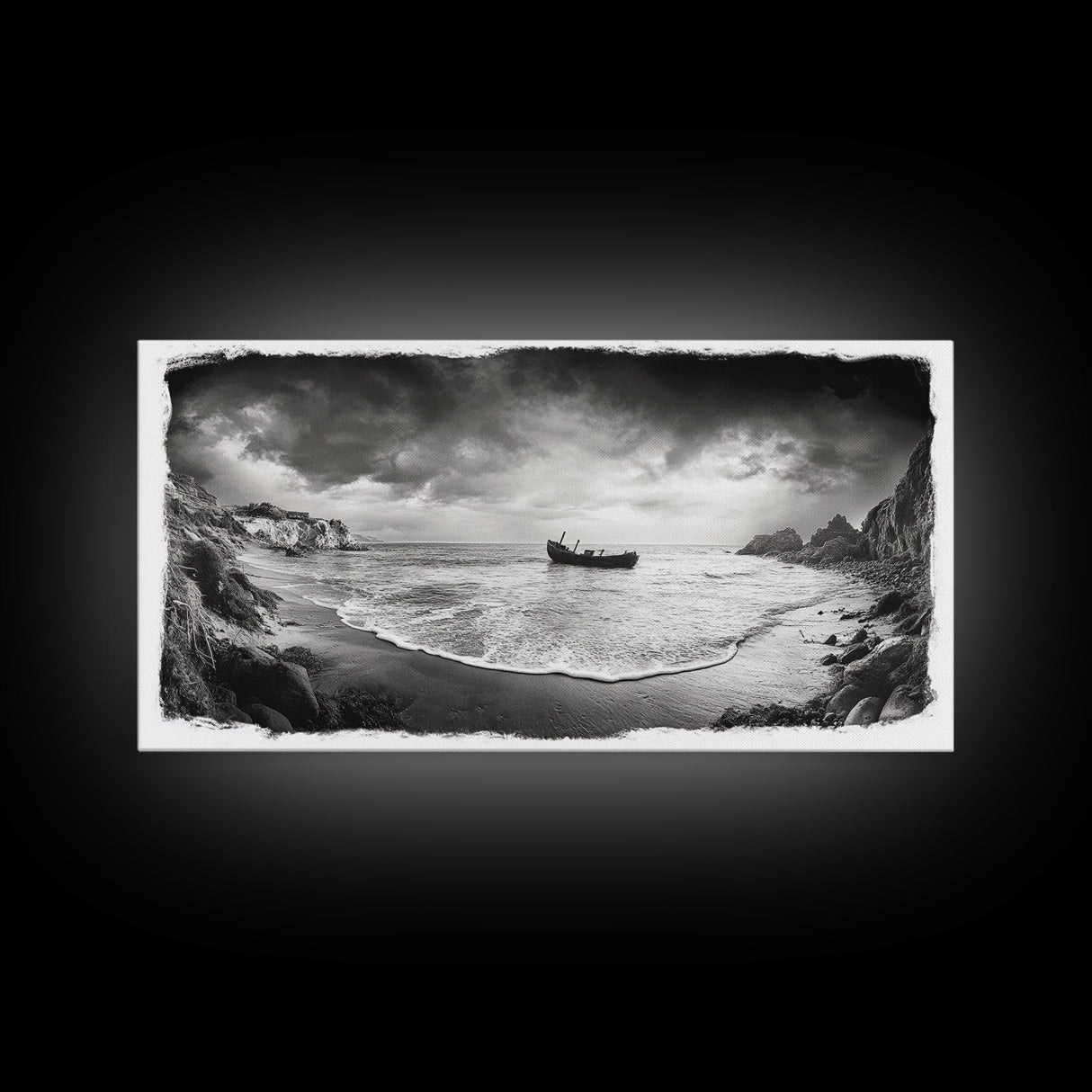 Shipwreck Beach Scene, Dramatic Coastline, Black and White Decor, Framed Canvas Print, Moody Art, Coastal Wall Art, Rustic Bedroom Print