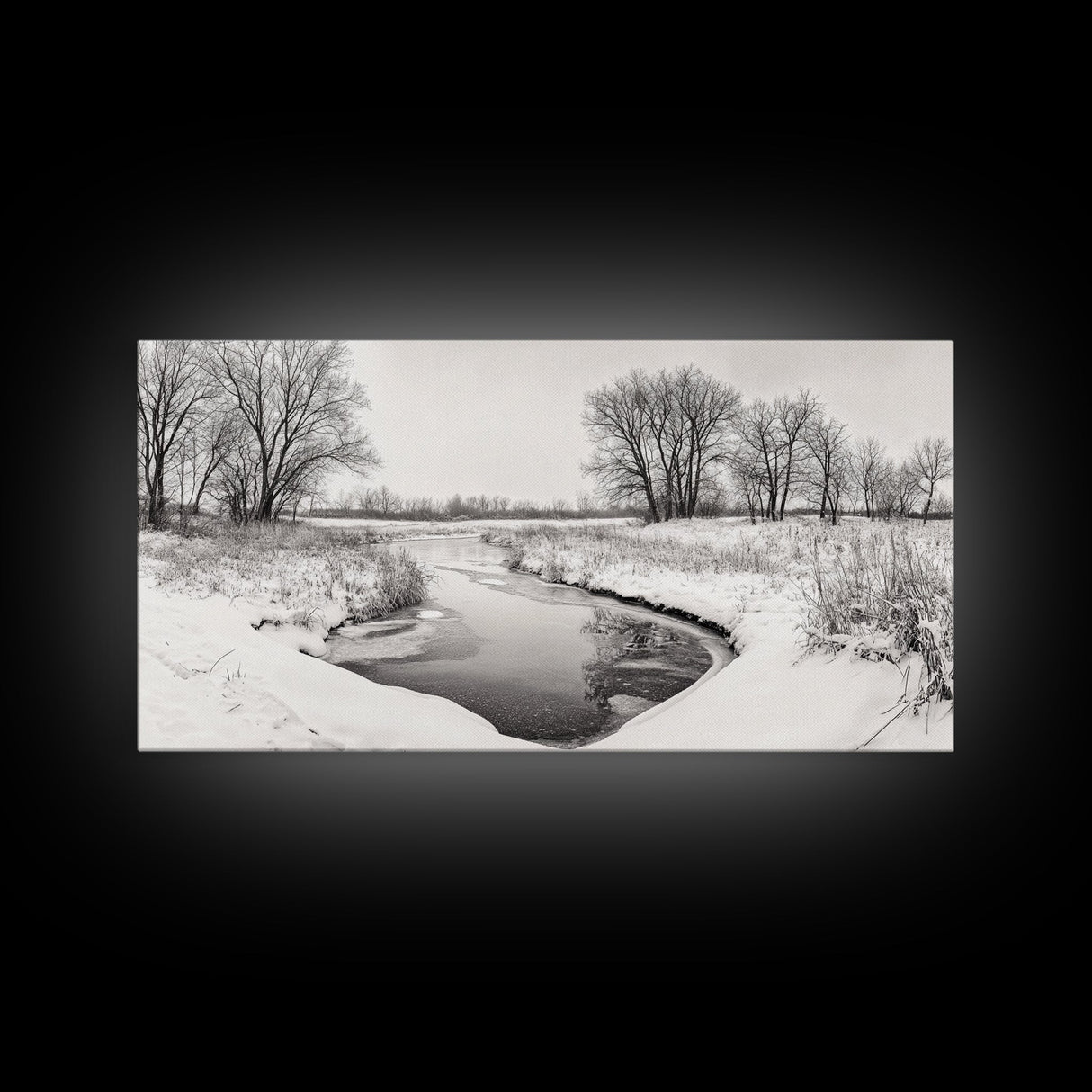 Frozen Stream Scene, Bare Trees Landscape, Black and White Nature Decor, Canvas Print, Winter Wall Art, Neutral Bedroom Accent