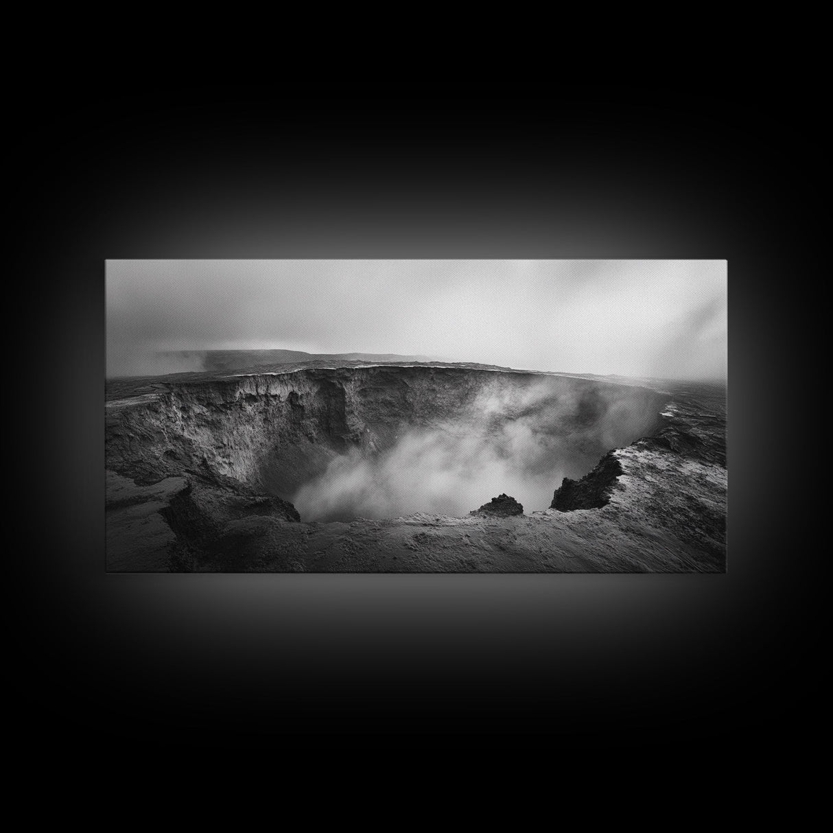 Volcanic Crater, Smoky Earth, Epic Landscape, Framed Canvas Print, Dramatic Nature Art, Study Room Decor, Moody Monochrome Photography