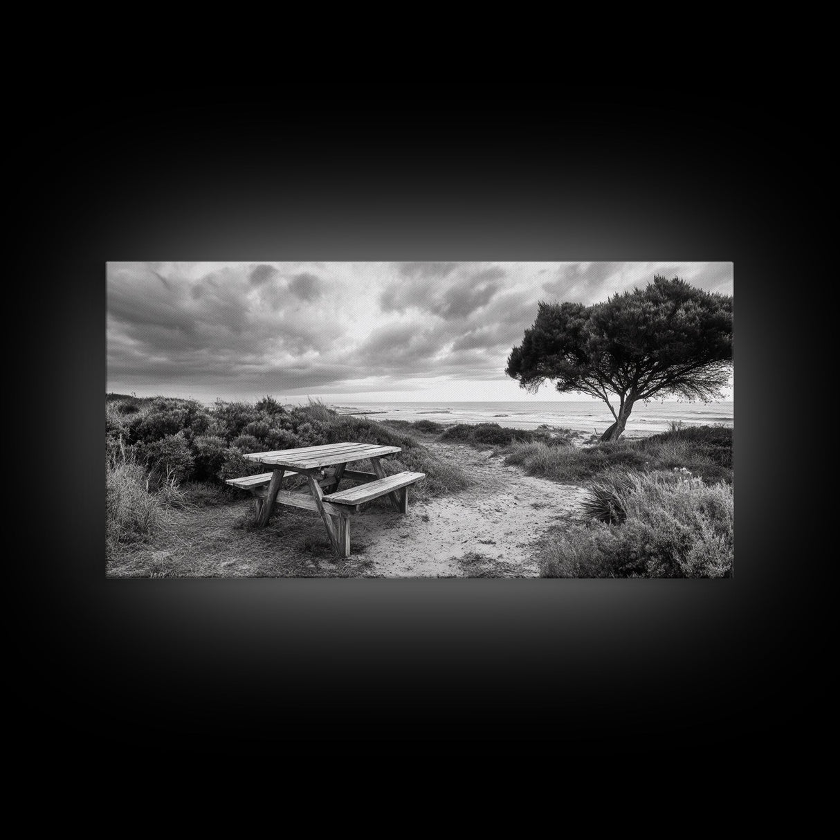 Picnic Table, Ocean Tree, Coastal Path, Windswept Scene, Framed Canvas Print, Rustic Wall Art, Fall Decor, Peaceful Beach Setting