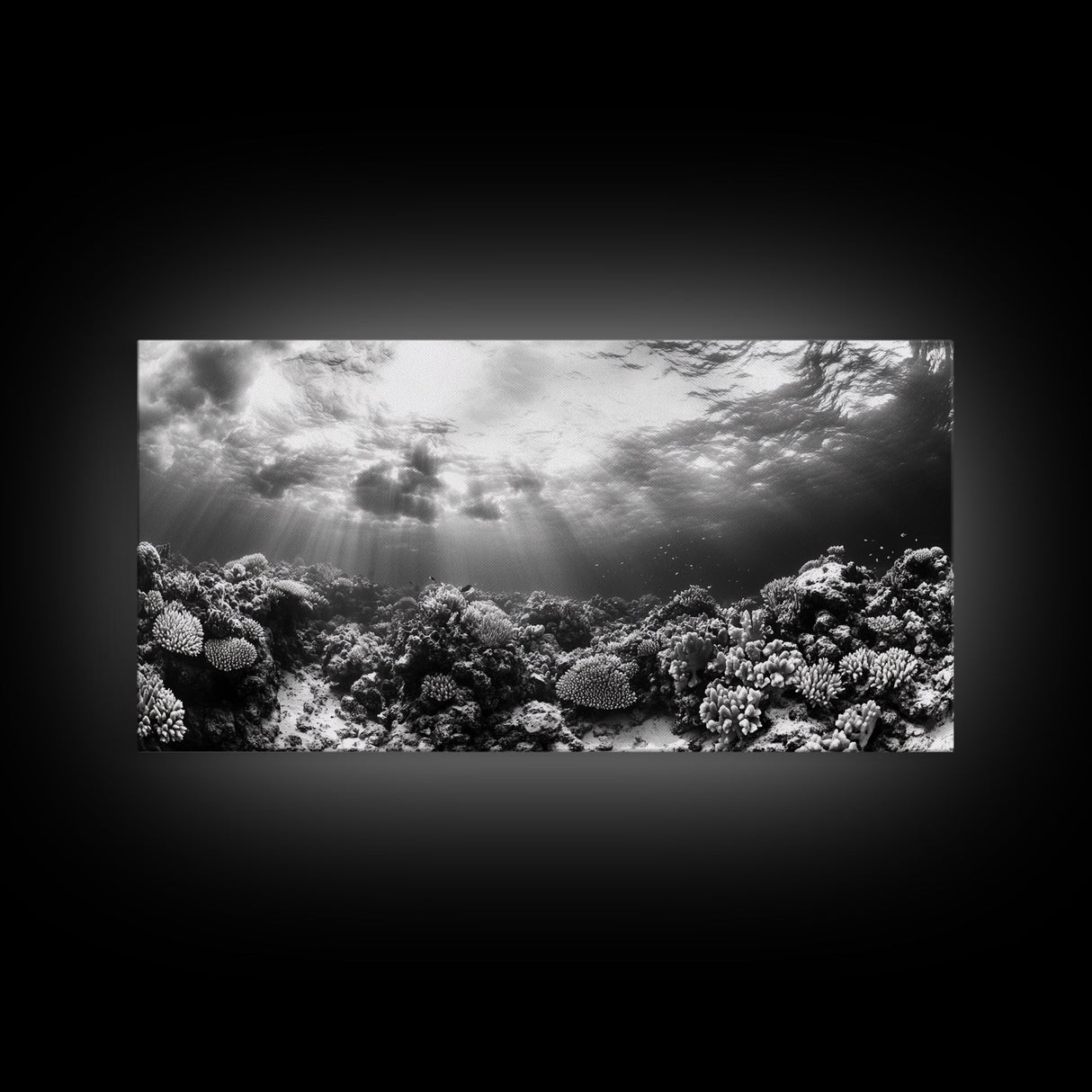 Coral Reef, Ocean Depths, Sunlight Rays, Marine Life, Canvas Print, Minimalist Nature Art, Bathroom Decor, Underwater Scene, Bedroom Wall Art