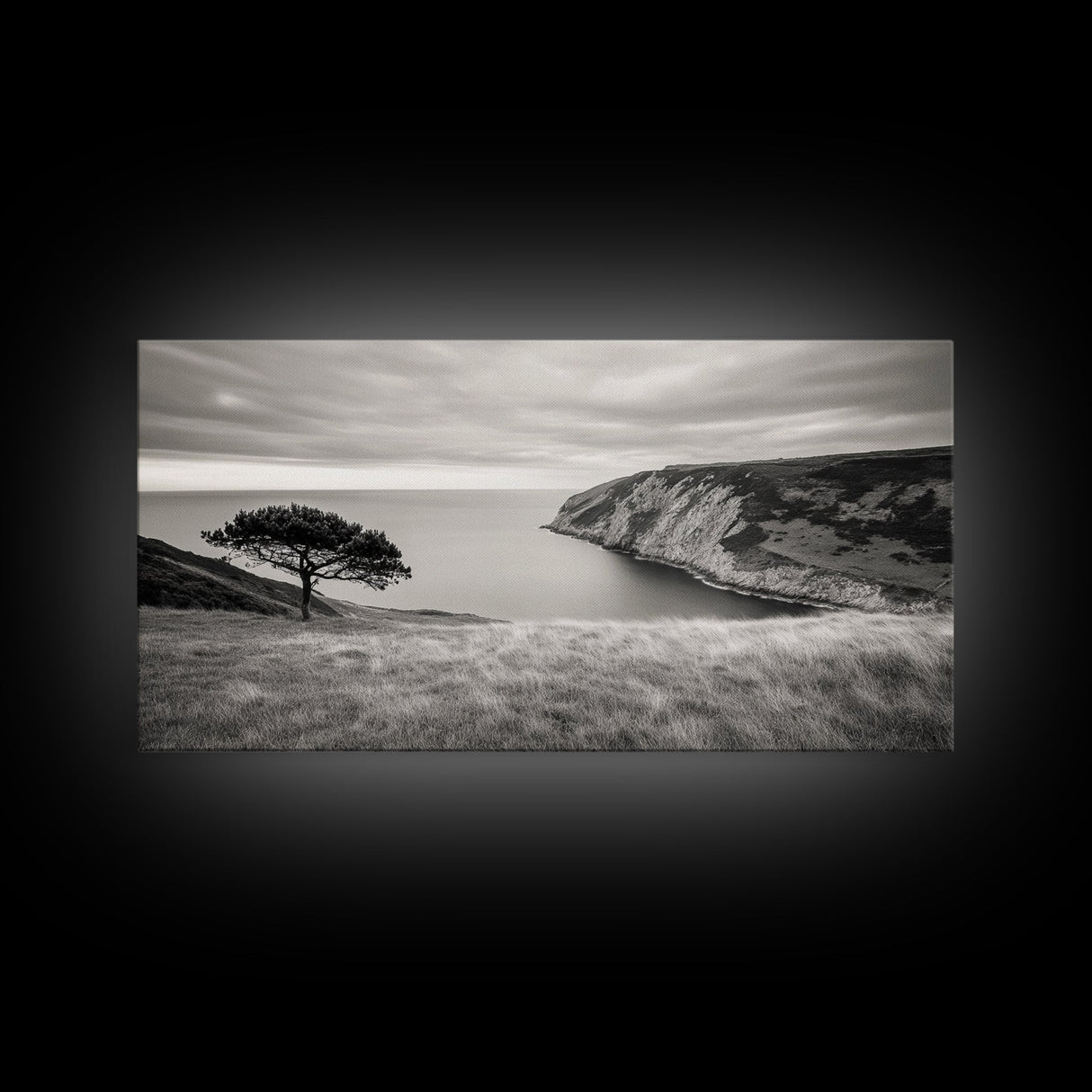Coastal Cliff View, Solitary Tree Scene, Modern Minimalist Style, Framed Canvas Print, Calm Neutral Wall Art, Living Room Decor