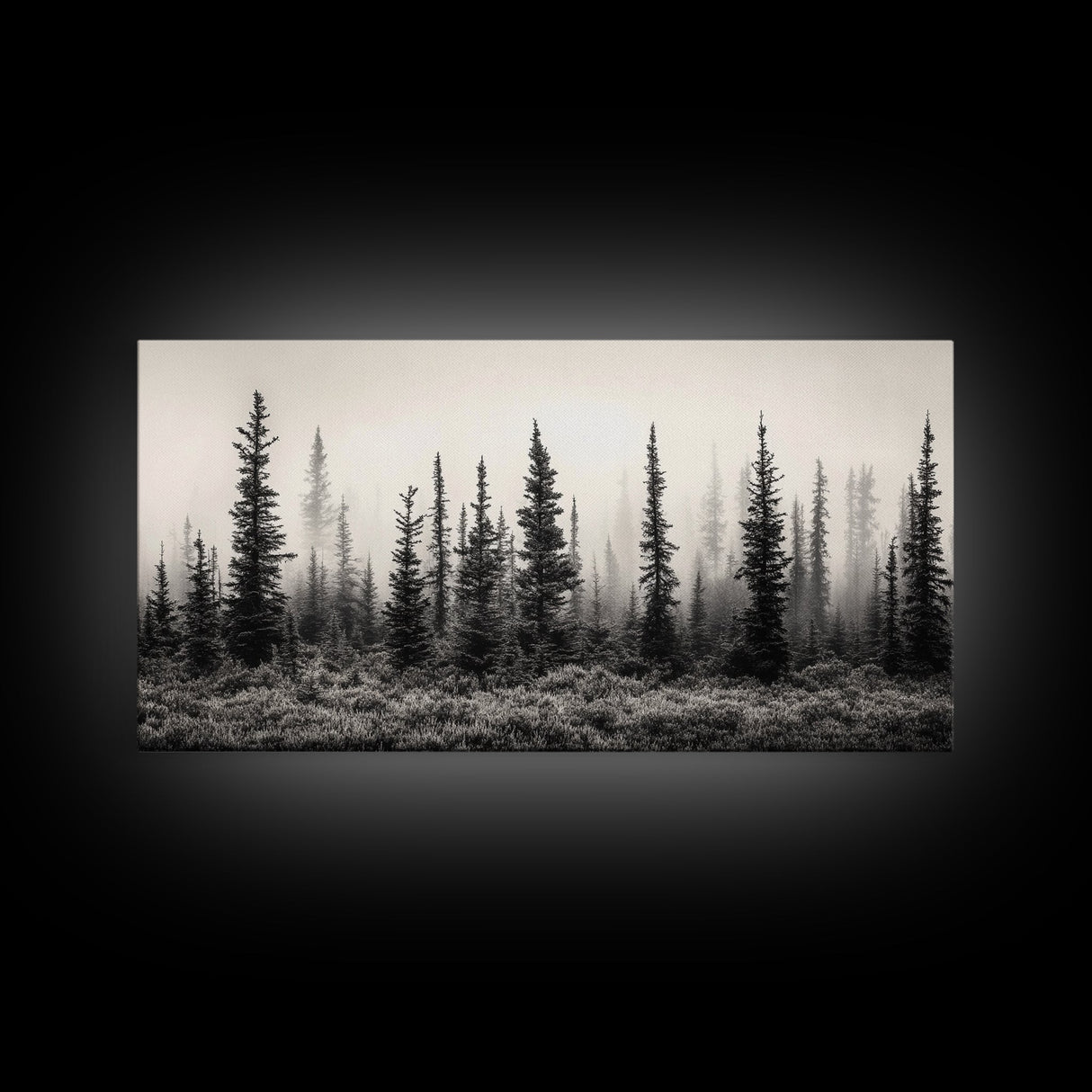 Misty Pines, Evergreen Forest, Morning Fog, Monochrome Nature, Canvas Print, Fall Entryway Wall Art, Woodland Boho Home Decor