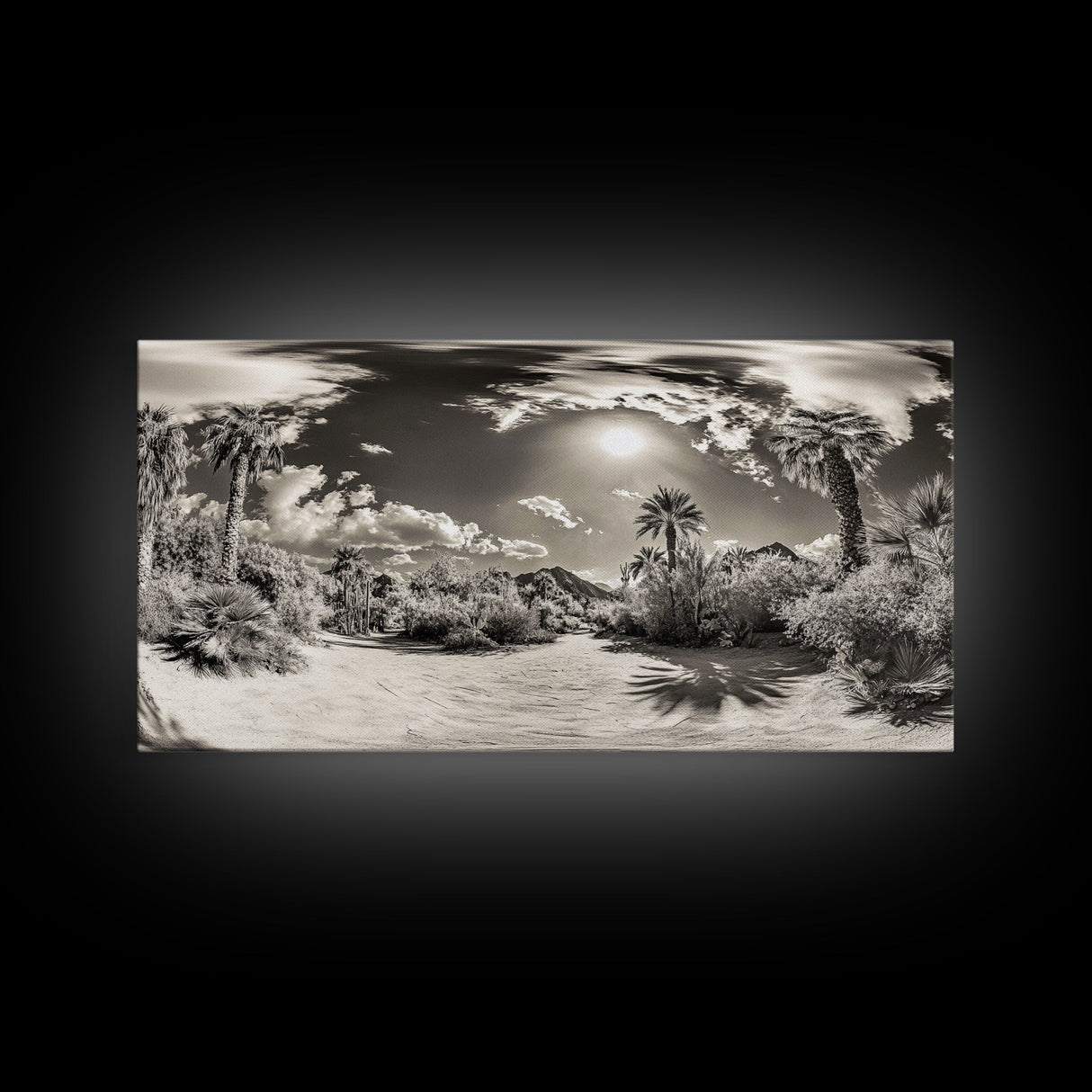 Desert Oasis, Palm Landscape, Nature Panorama, Framed Canvas Print, Tropical Wall Art, Living Room Decor, Boho Aesthetic, Sunlit Scene