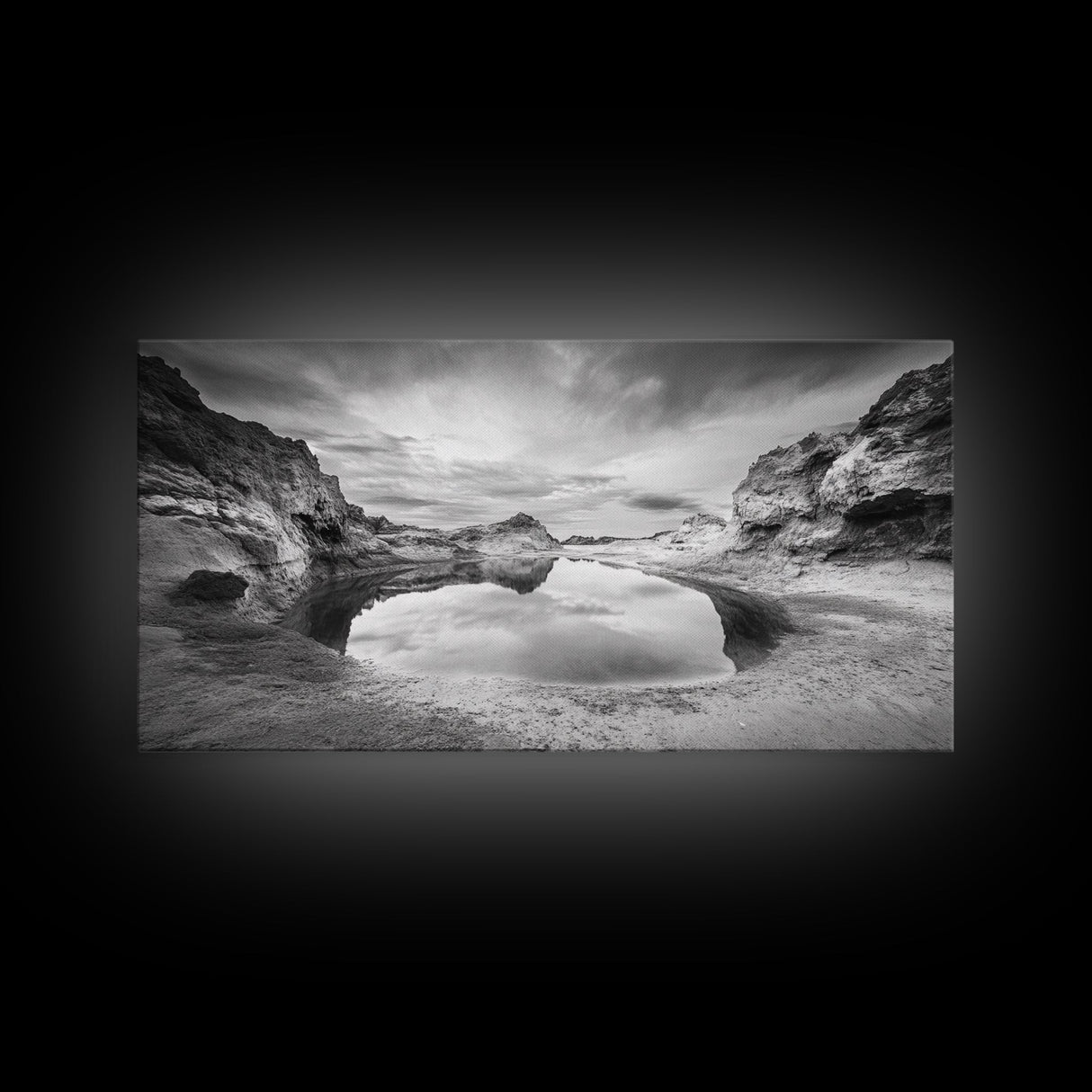 Mirror Lake, Rocky Terrain, Tranquil Waters, Framed Canvas Print, Meditation Room Art, Nature Reflection, Earthy Tones, Spa Decor