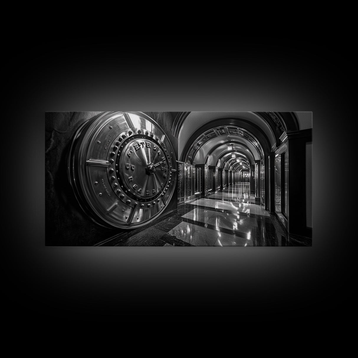 Bank Vault Door, Industrial Urban Decor, Luxury Office Art, Framed Canvas Print, Black and Silver Wall Art, Masculine Home Style