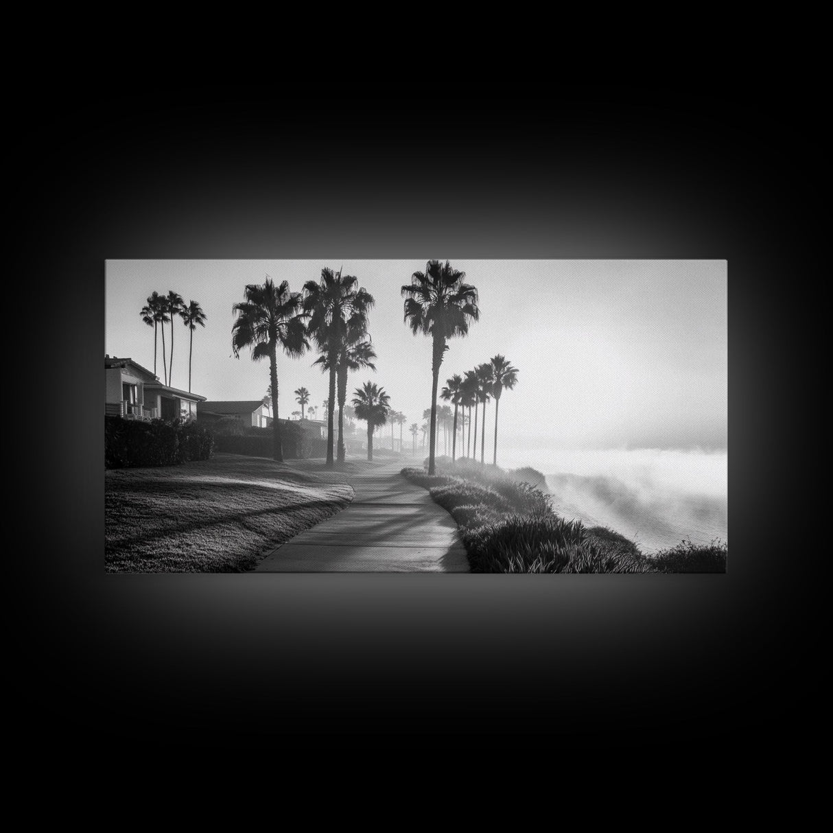 Palm Tree Pathway, Beachfront Neighborhood Vibes, Coastal Street Scene, Framed Canvas Print, Entryway Art, Minimalist Coastal Home Decor