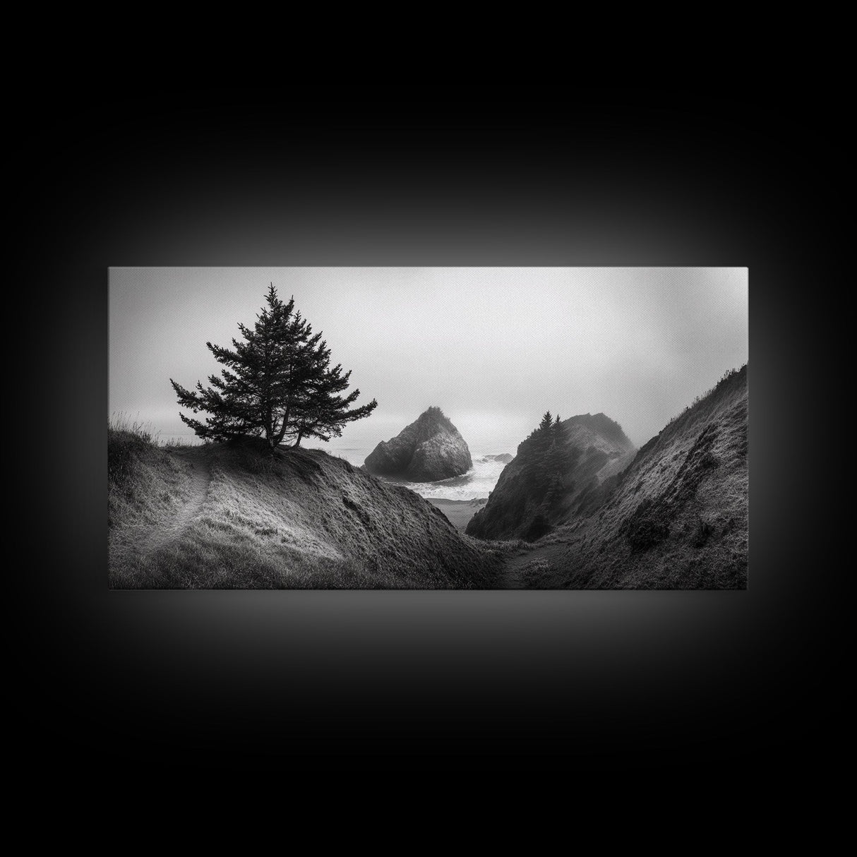 Coastal Cliff Scene, Evergreen Ocean Landscape, Pacific Northwest View, Framed Canvas Print, Nature Inspired Wall Art, Minimalist Decor