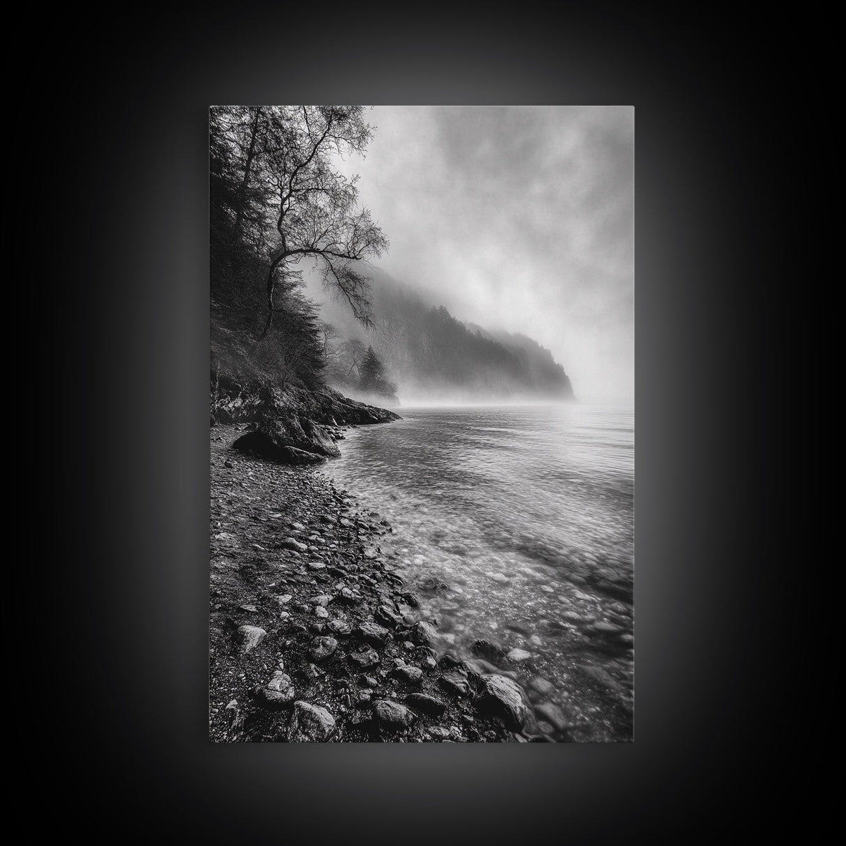Foggy Coast, Moody Shore, Tranquil Pebbles, Forest Water, Framed Canvas Print, Bathroom Wall Art, Nature Photography Style, Calm Retreat Decor