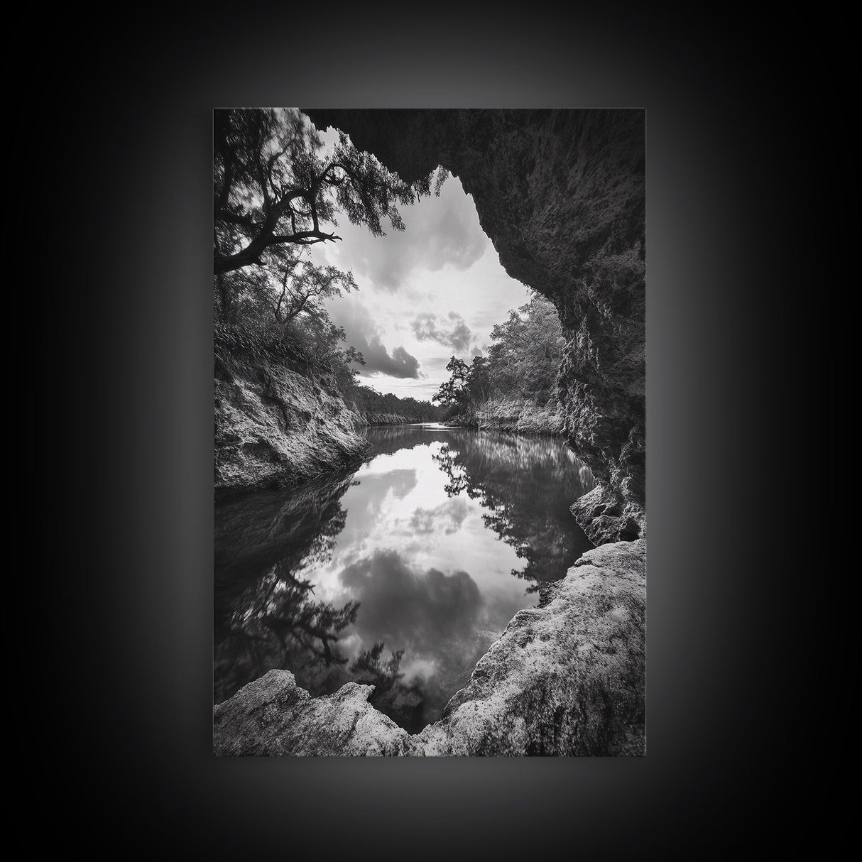 Serene River Reflection, Cave View, Monochrome Nature, Framed Canvas Print, Living Room Wall Art, Tranquil Landscape, Minimalist Decor