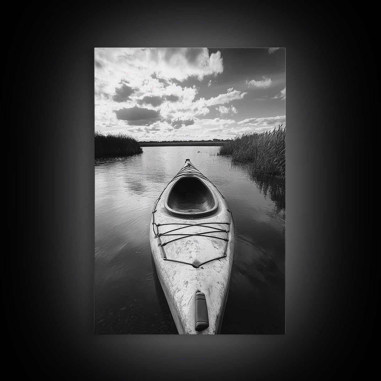 Kayak Lake View, Serene Water Landscape, Outdoor Adventure Art, Canvas Print, Cabin Wall Decor, Nature Lover Gift, Minimalist Water Art