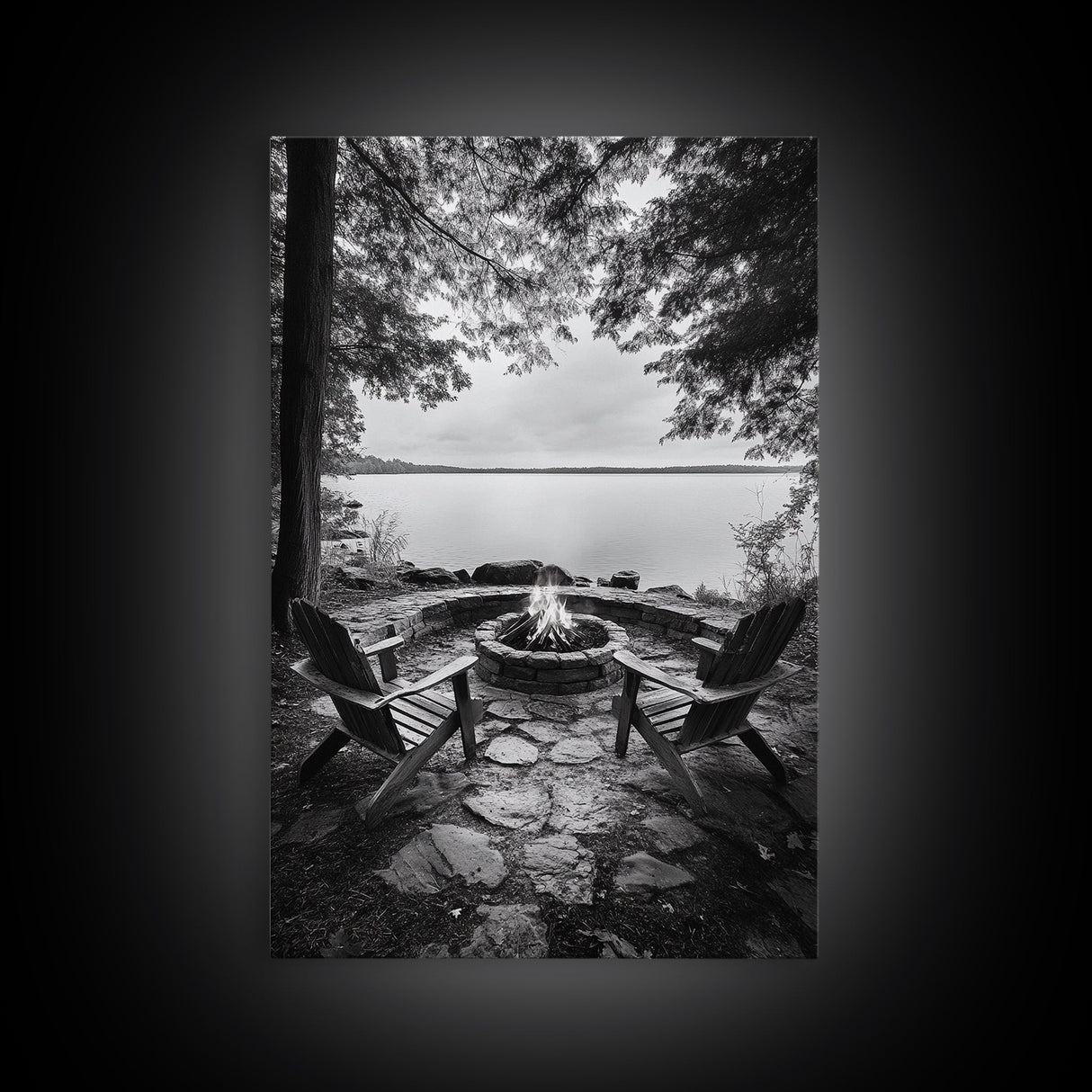 Campfire Lake Night, Adirondack Chairs, Wilderness Glow, Framed Canvas Print, Outdoor Living Wall Art, Cabin Decor, Autumn Retreat Art