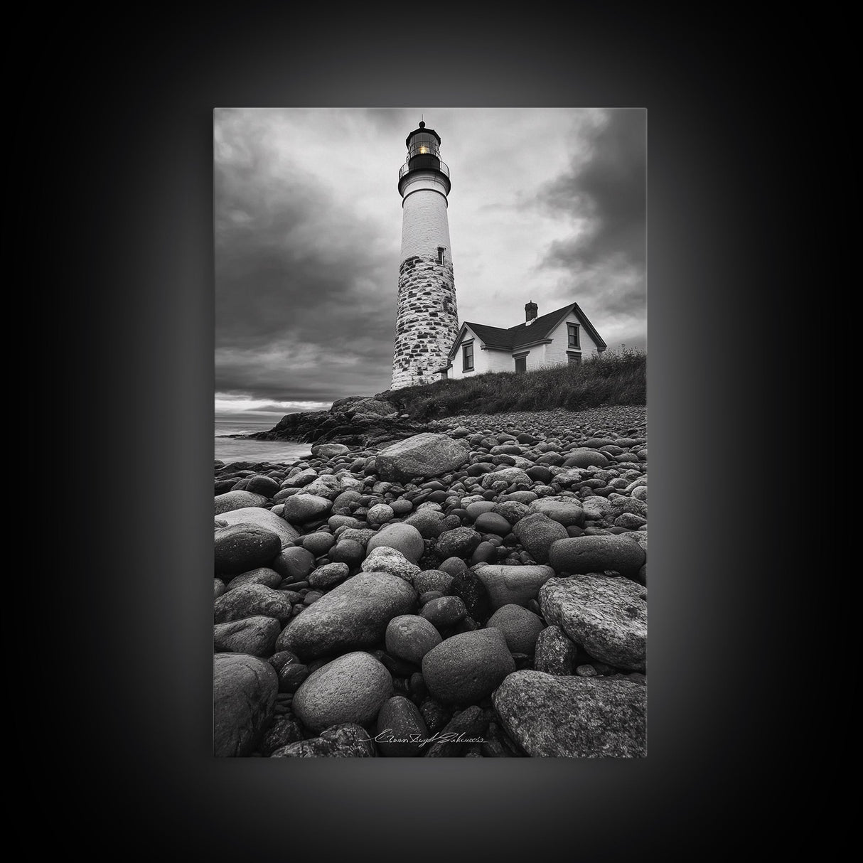 Lighthouse Shore Rocks, Coastal Beacon, Moody Clouds, Framed Canvas Print, Nautical Wall Art, Rustic Beach House Decor, Fall Storm Style