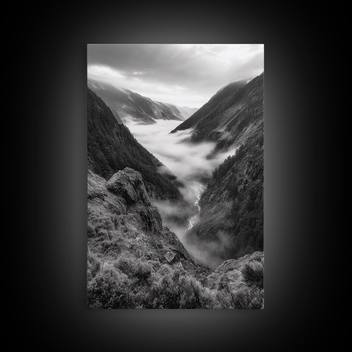 Foggy Mountain Valley, Nature Escape, Serene Wall Art, Framed Canvas Print, Adventure Photography, Cabin Autumn Decor