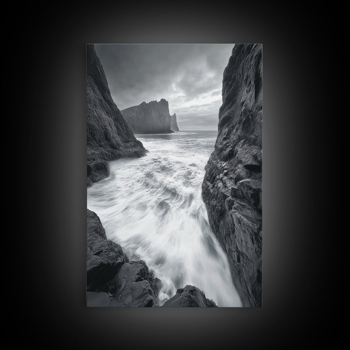 Stormy Coast, Crashing Waves, Ocean Drama, Framed Canvas Print, Living Room Wall Art, Bold Seascape Photography, Monochrome Modern Art