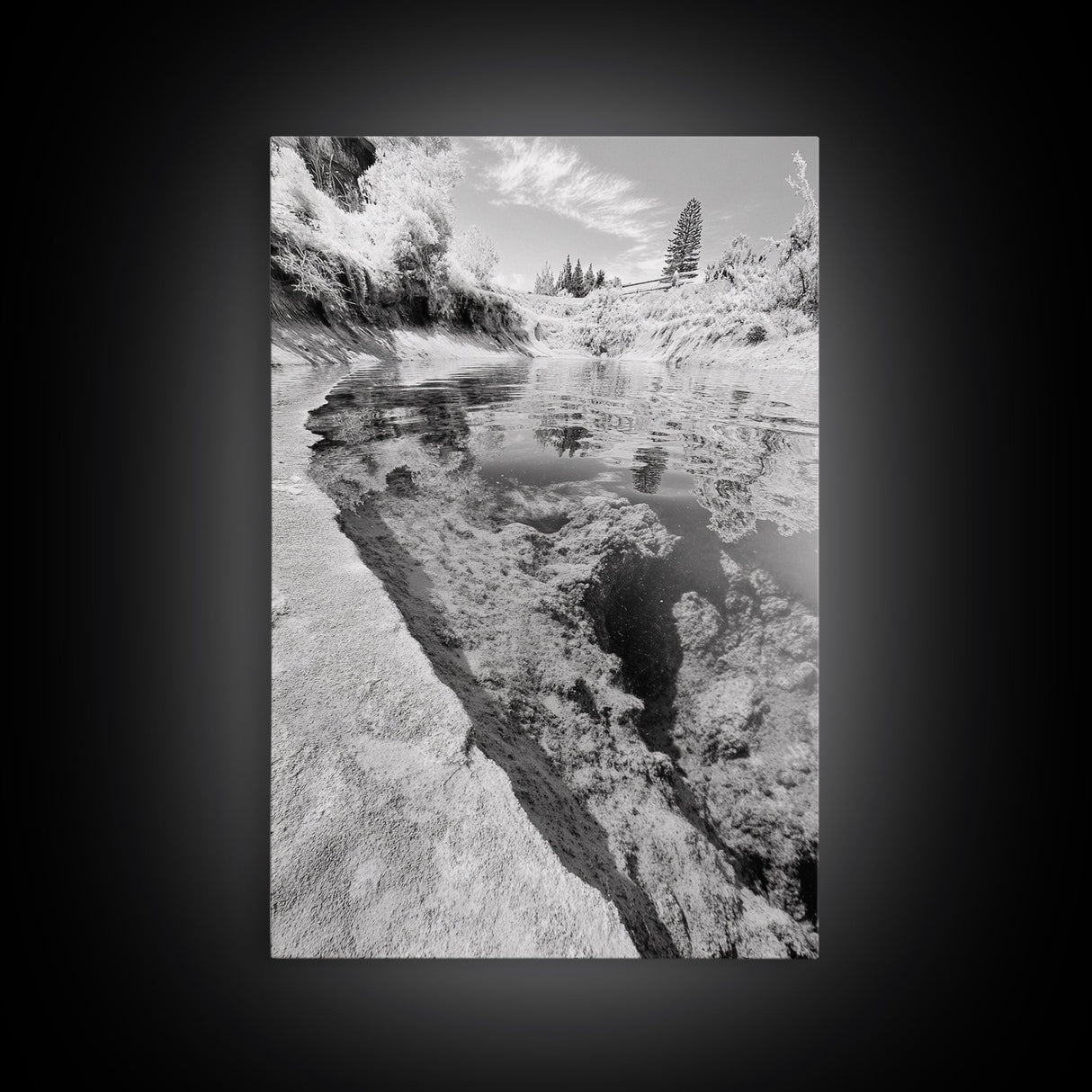 Reflective Riverbed, Nature Tranquility, Monochrome Landscape, Canvas Print, Bathroom Wall Art, Zen Decor, Fine Art Photography