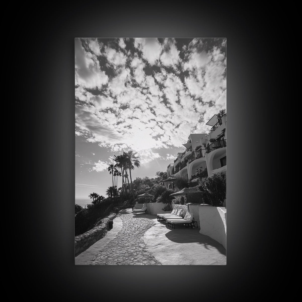Mediterranean Villa, Palm Tree Art, Coastal Pathway, Framed Canvas Print, Living Room Decor, Summer Wall Art, Black and White Photography