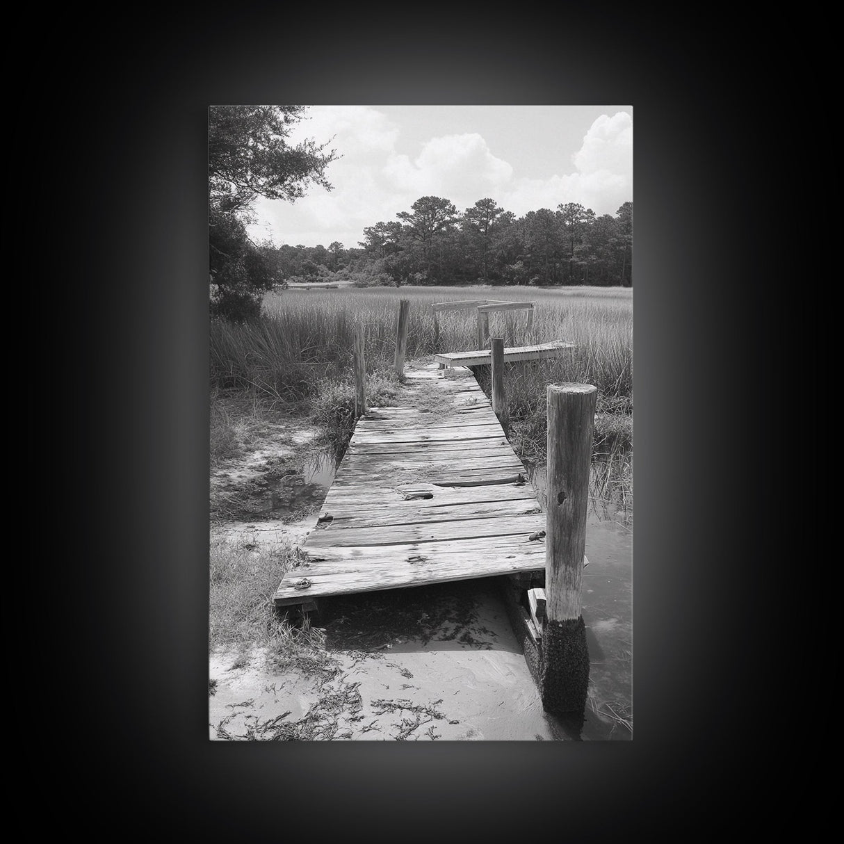 Marsh Dock, Southern Nature, Weathered Pier, Framed Canvas Print, Guest Room Wall Art, Rural Landscape, Fall Wall Art, Country Style