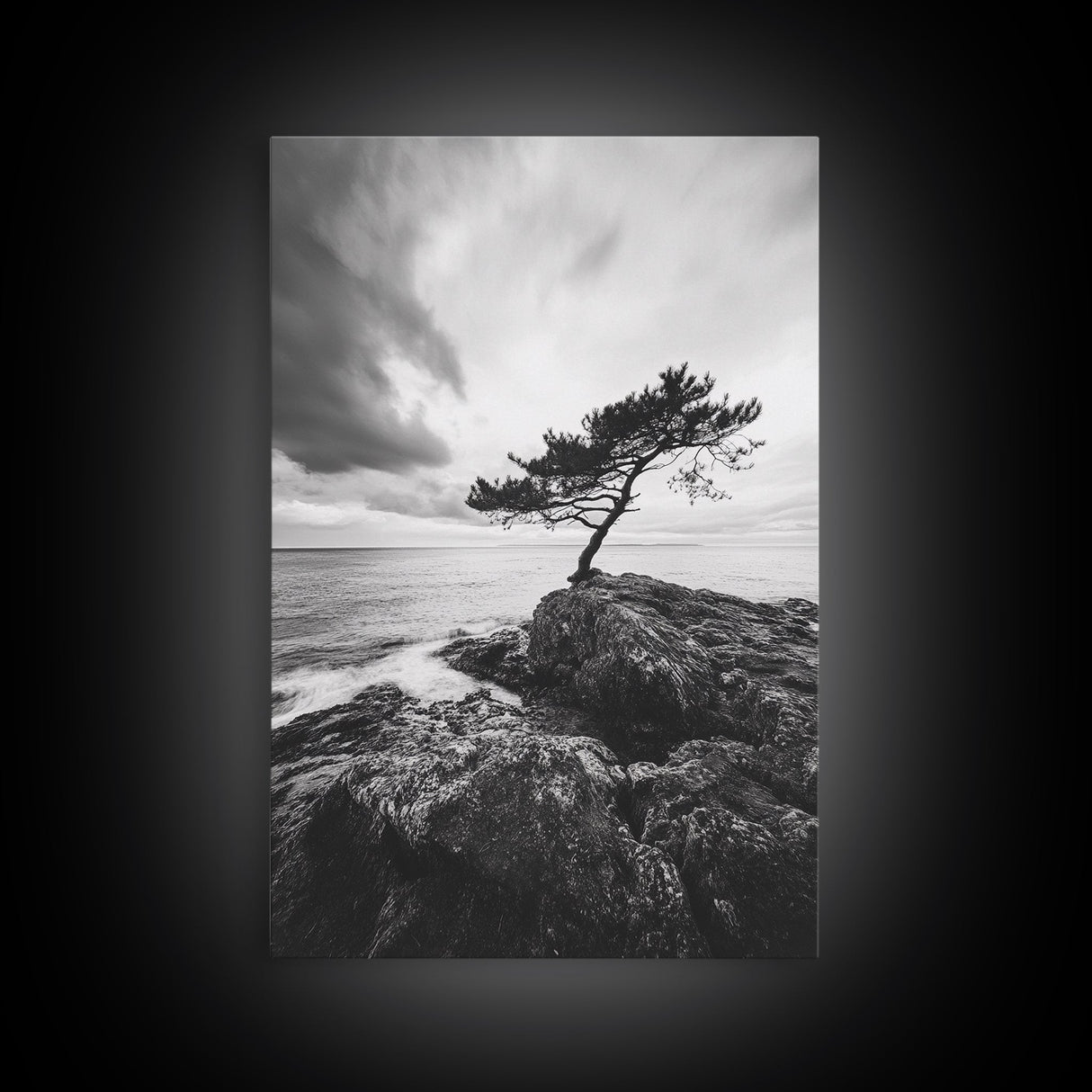 Lone Tree, Cliffside Ocean, Windy Coast Art, Framed Canvas Print, Bedroom Wall Art, Modern Nature Photography, Coastal Minimalist Decor