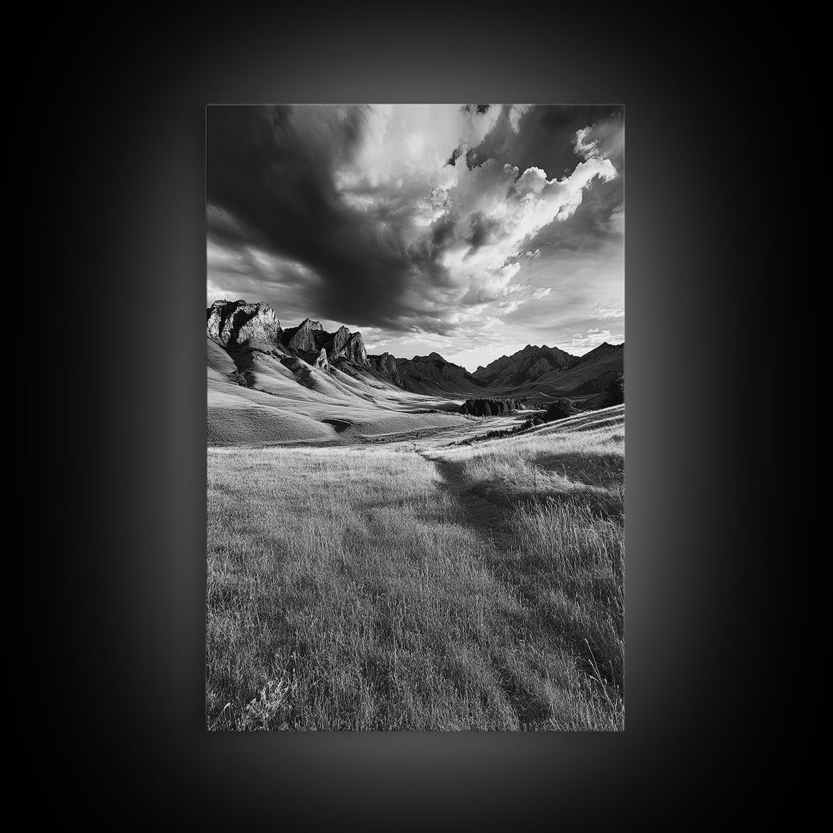 Mountain Valley, Stormy Sky, Western Landscape, Framed Canvas Print, Office Wall Art, Moody Nature Decor, Fall Art, Wilderness Style