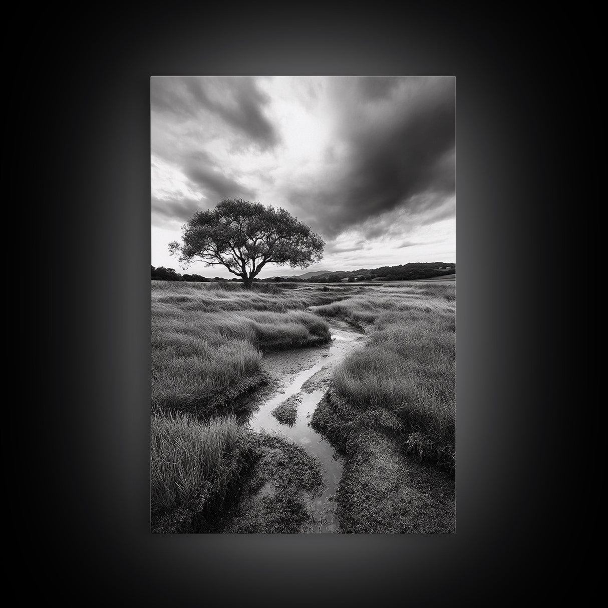 Solitary Tree, Storm Sky, Tranquil Meadow, Nature Landscape, Framed Canvas Print, Rustic Decor, Fall Wall Art, Bedroom Minimalist Art