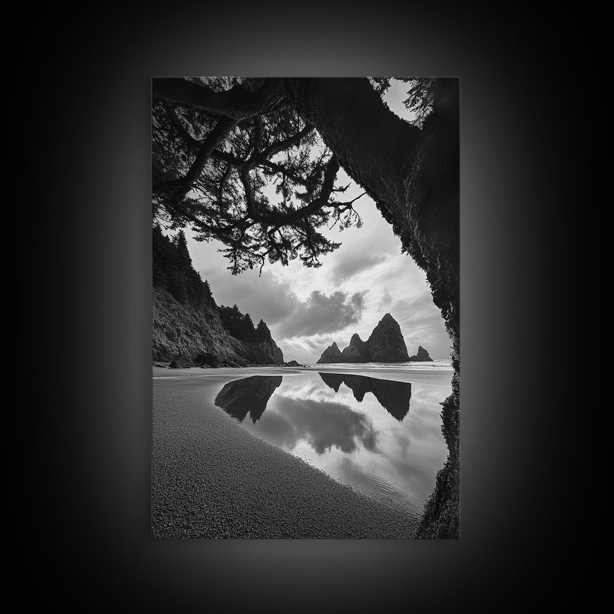 Sea Stacks, Reflected Sky, Dramatic Coastline, Beach Landscape, Canvas Print, Living Room Wall Art, Nature Coastal Decor, moody ocean print