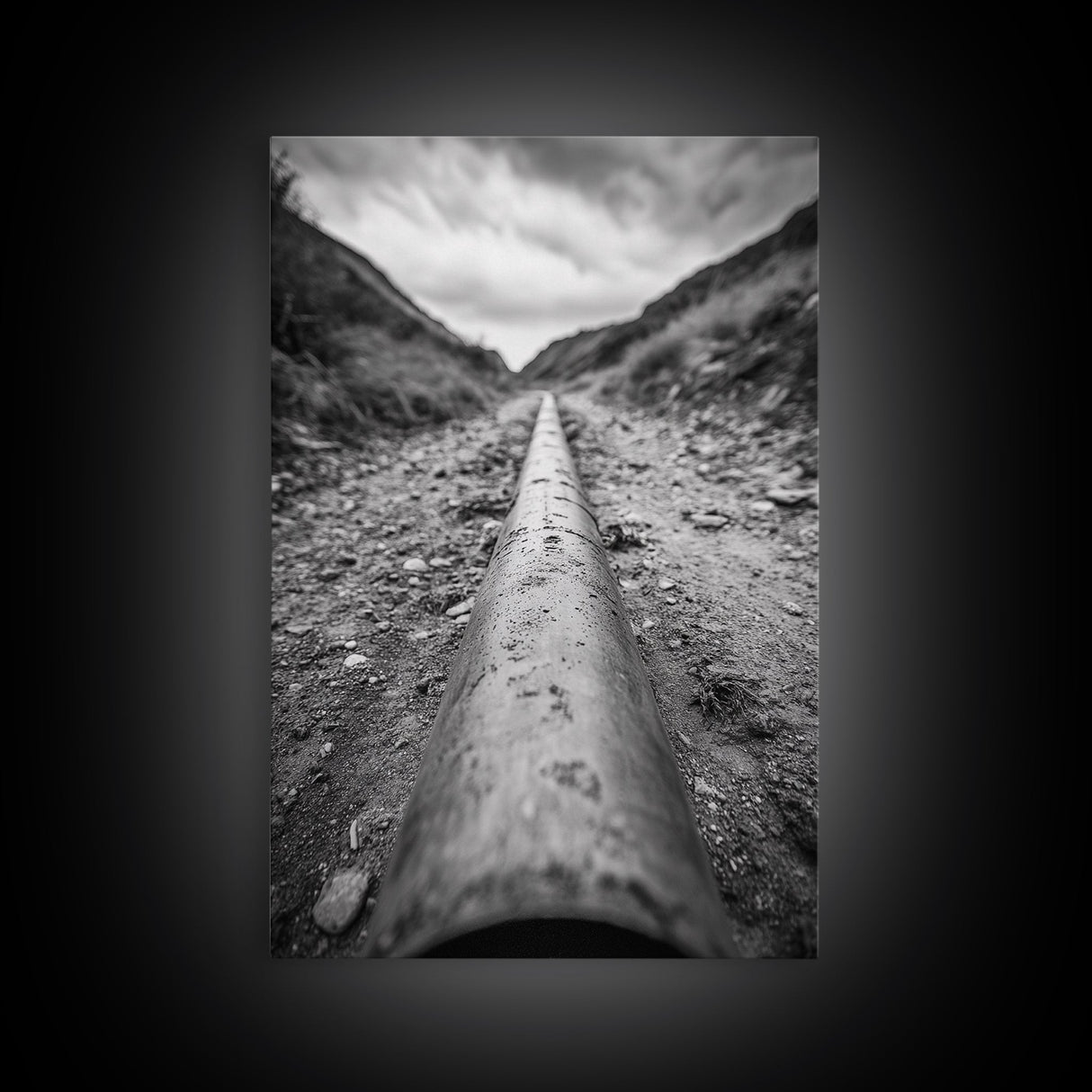 Industrial Line, Utility Pipe, Grunge Road, Canvas Print, Black White Photography, Modern Loft Decor, Urban Wall Art, Minimalist Style