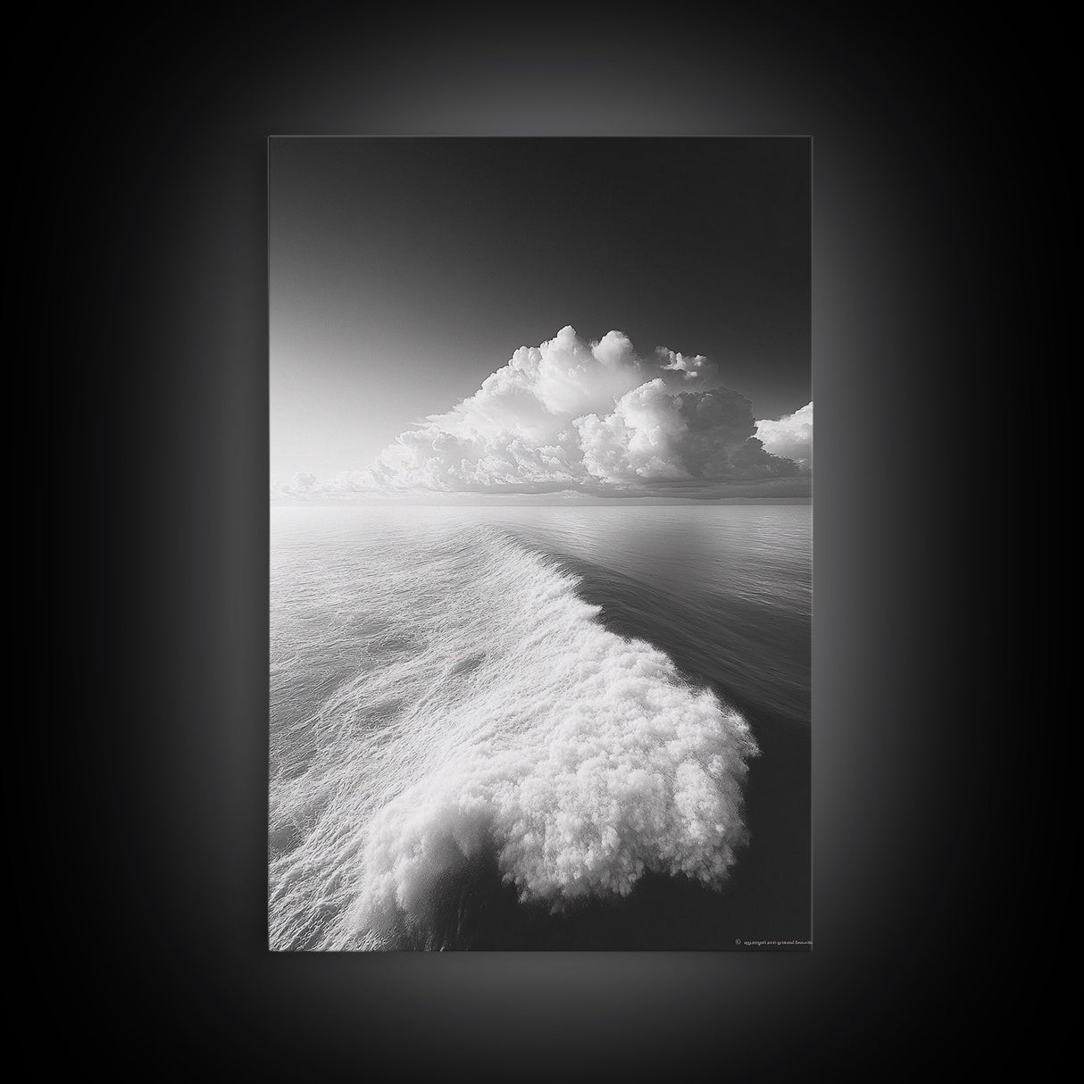 Ocean Wake, Cloud Horizon, Surreal Seascape, Framed Canvas Print, Dreamy Black White Wall Art, Bathroom Decor, Coastal Fantasy Art