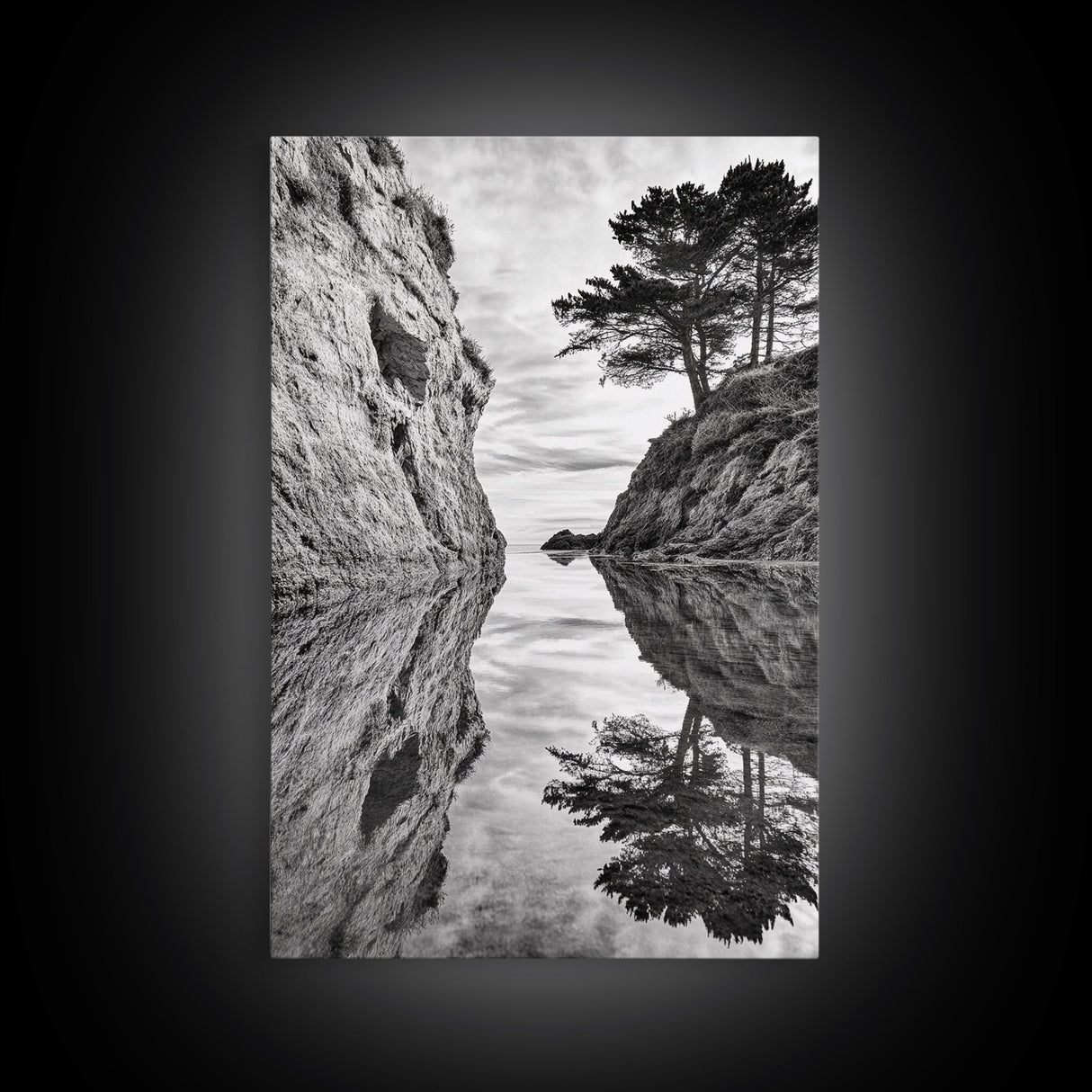 Reflected Trees, Peaceful Cove, Monochrome Seascape, Tranquil Decor, Framed Canvas Print, Zen Wall Art, Entryway Print, Coastal Calm