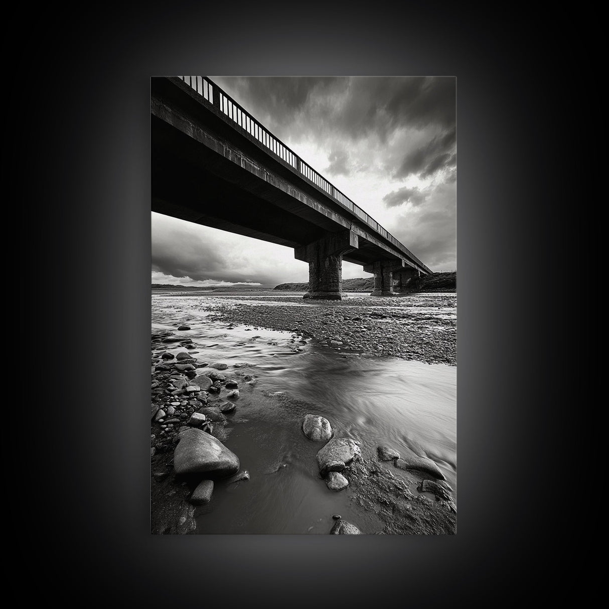 Stormy Bridge, River Rocks, Dramatic Sky, Modern Landscape, Framed Canvas Print, Moody Photography, Office Wall Art, Minimalist Decor