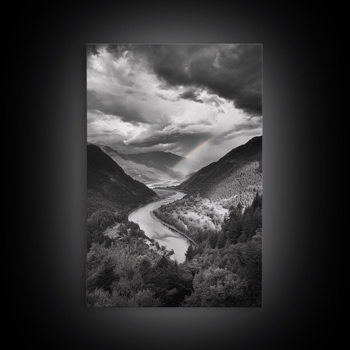 Mountain Valley, Rainbow River, Forest Panorama, Cloud Drama, Framed Canvas Print, Living Room Wall Art, Tranquil Nature, Scenic Beauty
