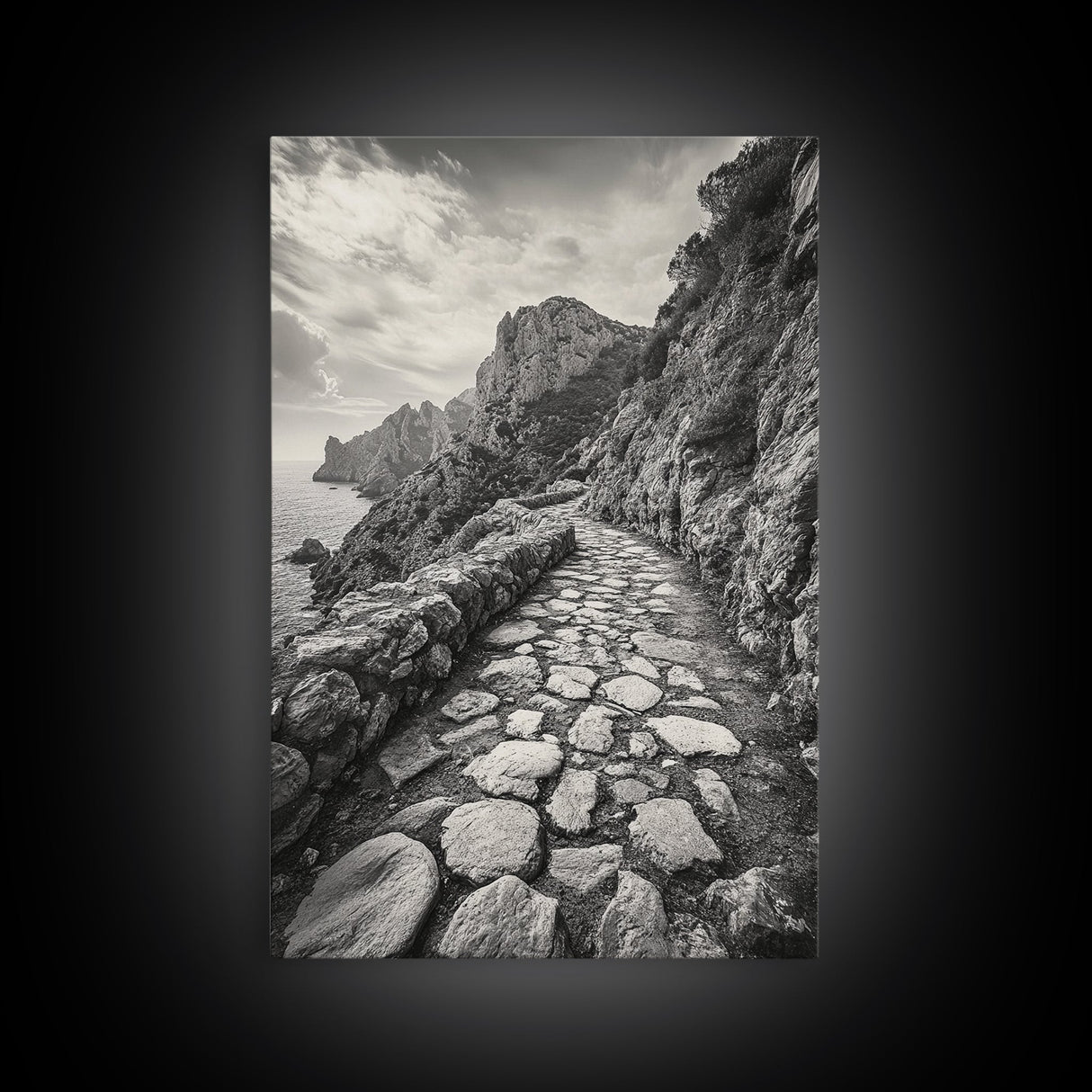Cliff Path, Coastal Trail, Rugged Rock, Hiking Vibe, Framed Canvas Print, Hallway Wall Art, Nature Photography, Adventure Decor