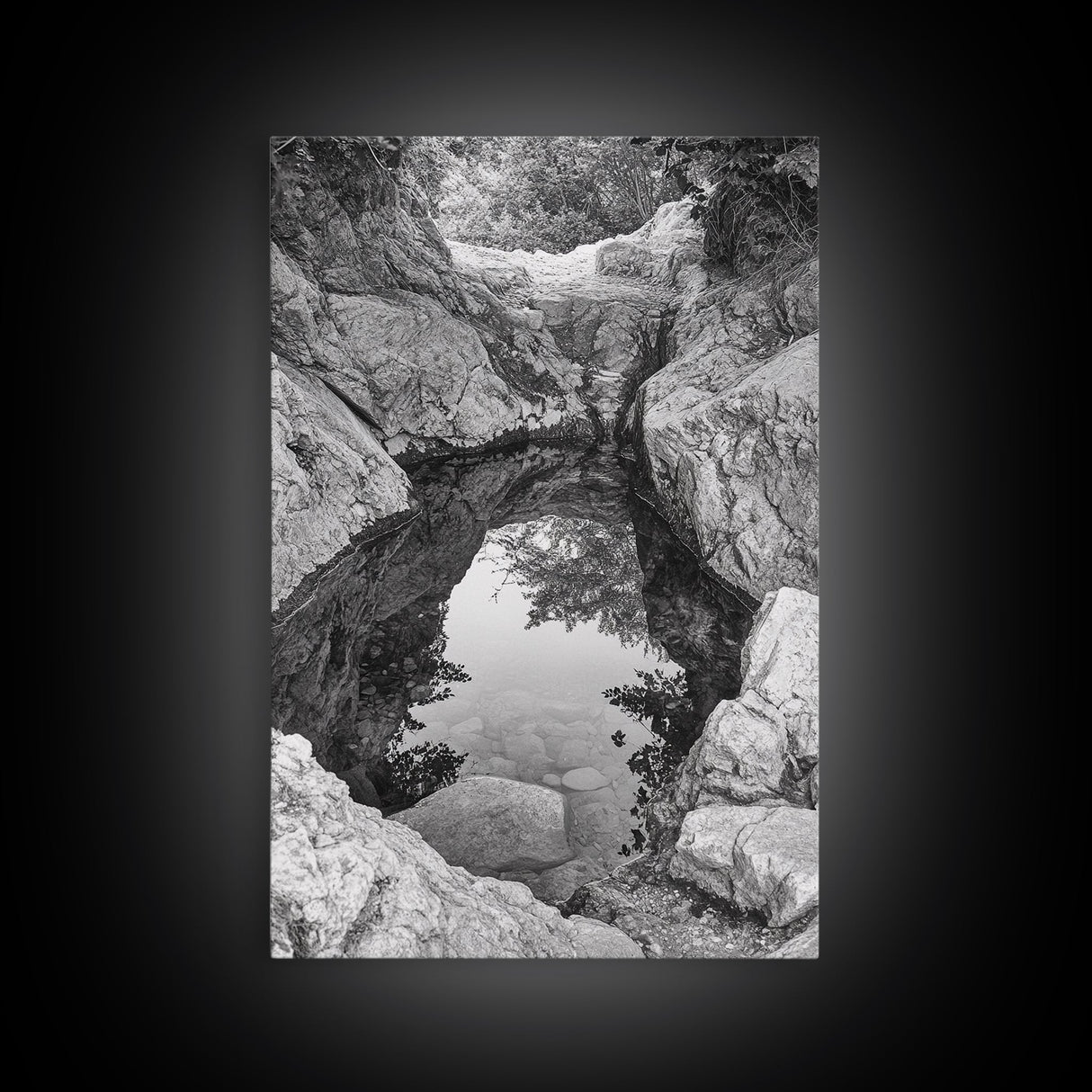 Reflective Rock Pool, Tranquil Nature, Monochrome Landscape, Black and White Framed Canvas Print, Minimalist Bathroom or Spa Wall Art