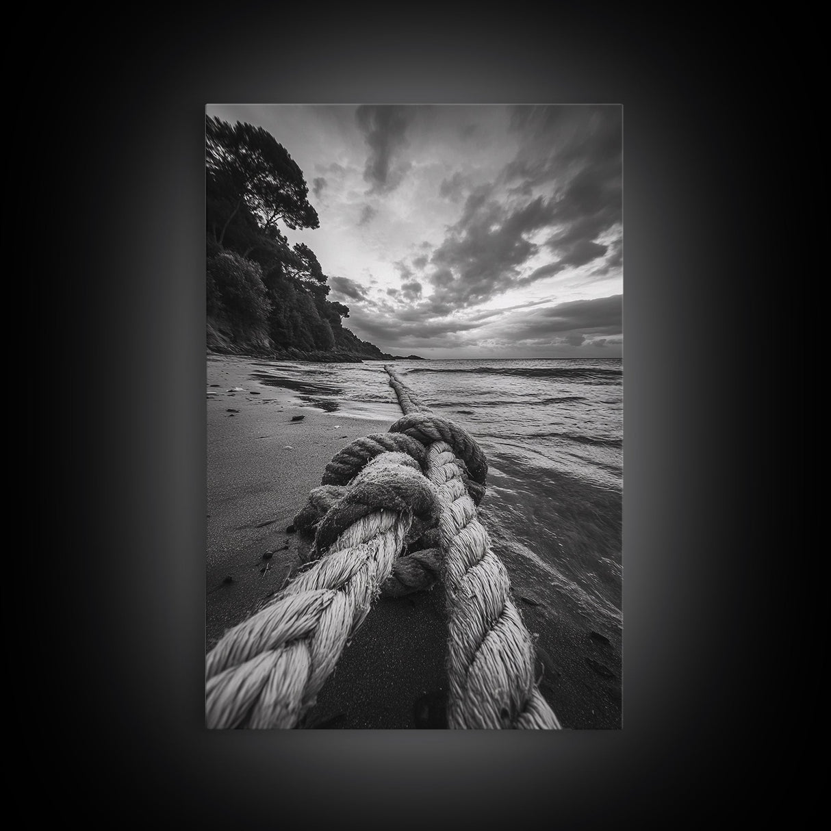 Beach Rope Knot, Coastal Connection, Ocean Shoreline, Nautical Canvas Print, Black and White Bathroom or Seaside Wall Decor