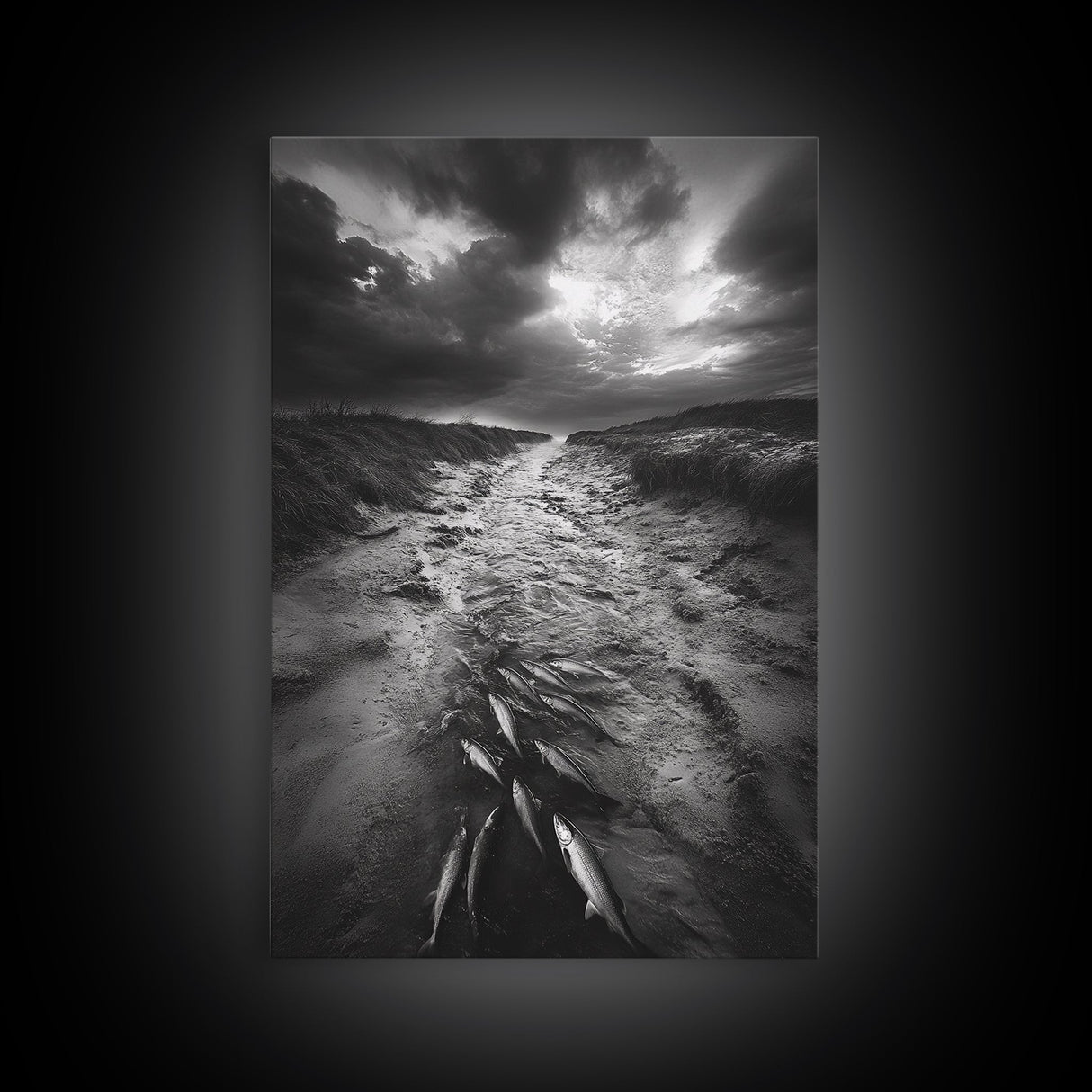 Fish Migration, Dramatic Sky, Moody Landscape, Framed Canvas Print, Dark Nature Art, Rustic Cabin Decor, Fall Wall Art, Nature Drama