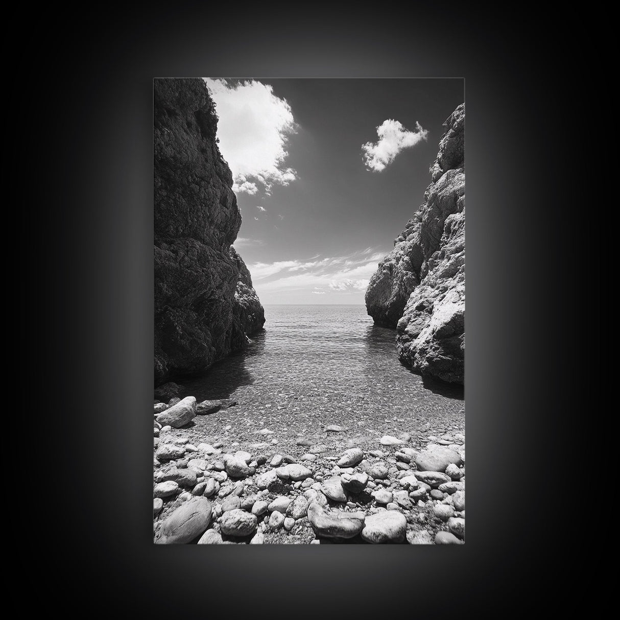 Rocky Cove, Serene Sea, Coastal Escape, Crystal Water, Canvas Print, bathroom ocean art, coastal minimalist decor, tranquil seascape gift