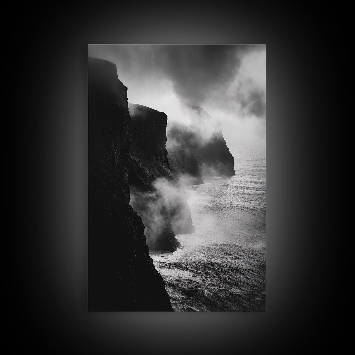Stormy Cliffs, Ocean Fog, Monochrome Coast, Wild Nature Framed Canvas Print, moody wall art, rustic living room decor, dark aesthetic