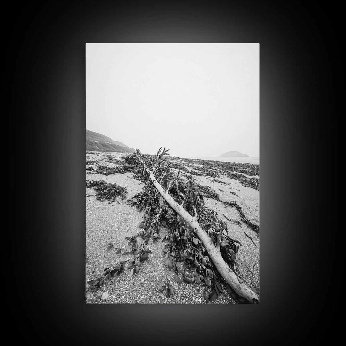 Seaweed Shoreline, Drifted Beauty, Coastal Debris, Tide Echo Framed Canvas Print, ocean nature wall art, minimalist beach decor