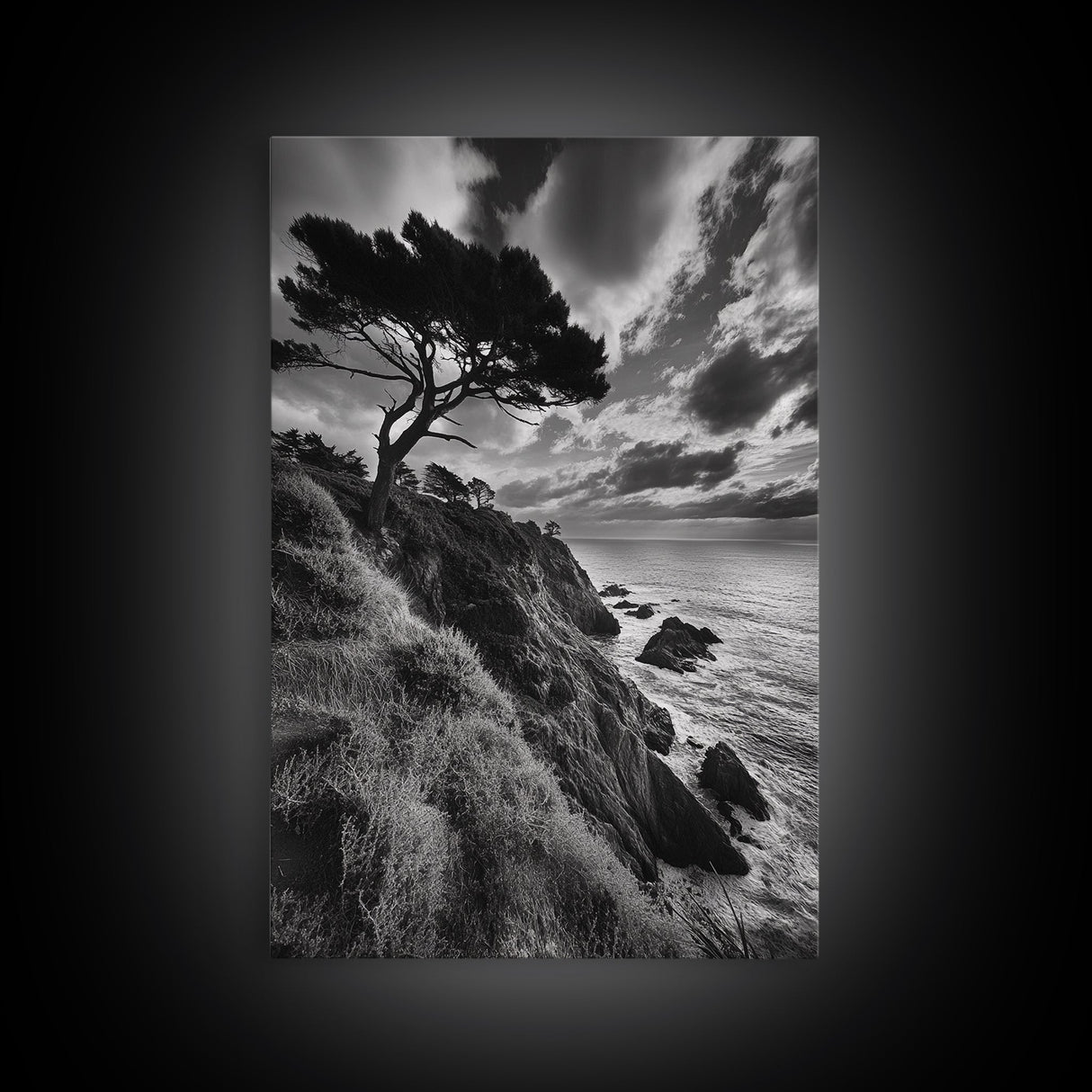 Coastal Pines, Rocky Shore, Windswept Tree, Wild Ocean Framed Canvas Print, rustic cabin art, black and white beach wall decor
