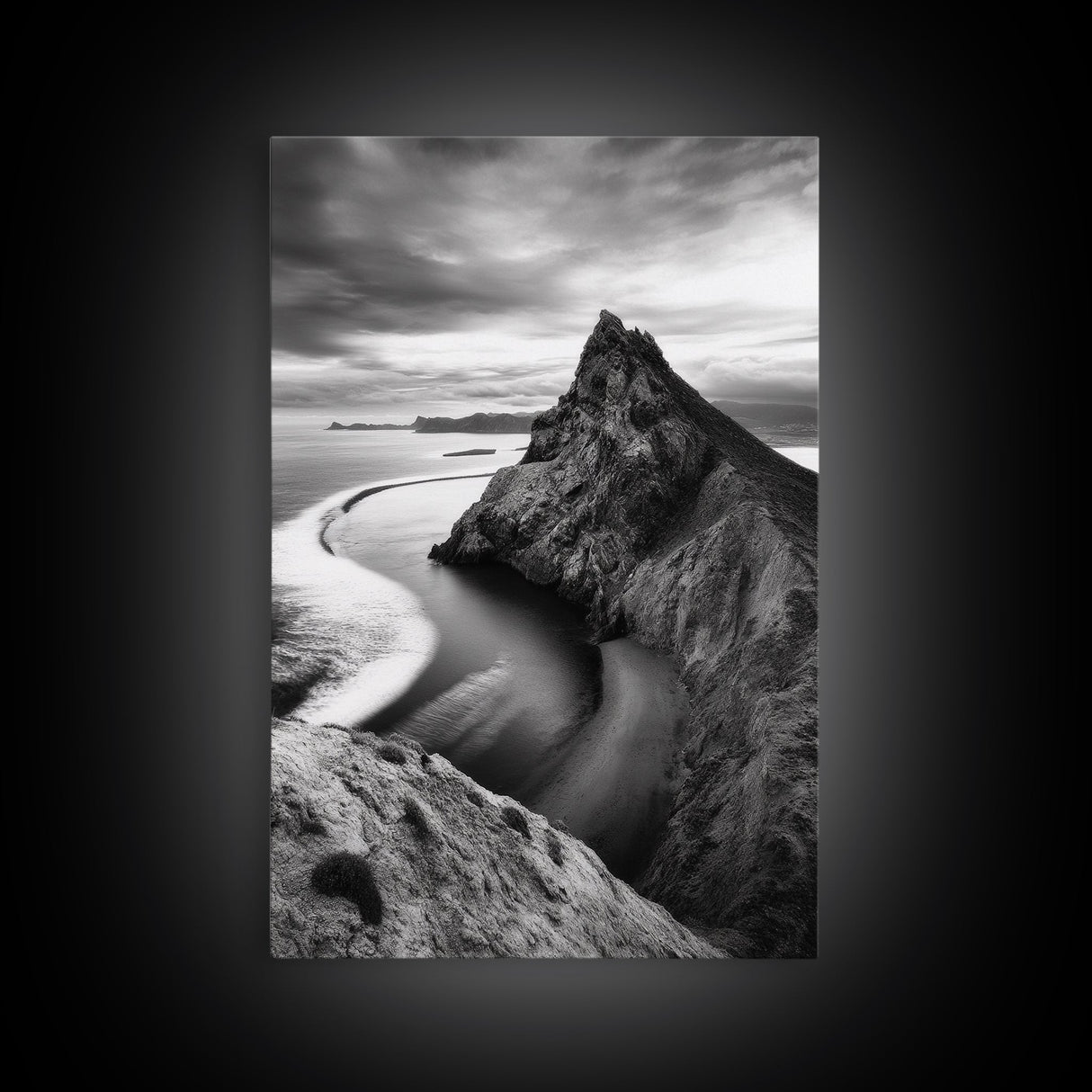 Mountain Peak, Coastal Horizon, Nature Majesty, Serene Edge Framed Canvas Print, modern landscape art, minimalist bedroom decor