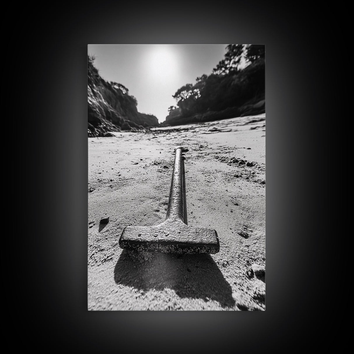 Industrial beach relic, iron hammer, rustic textures, minimalist black and white, Canvas Print, man cave art, coastal masculine decor