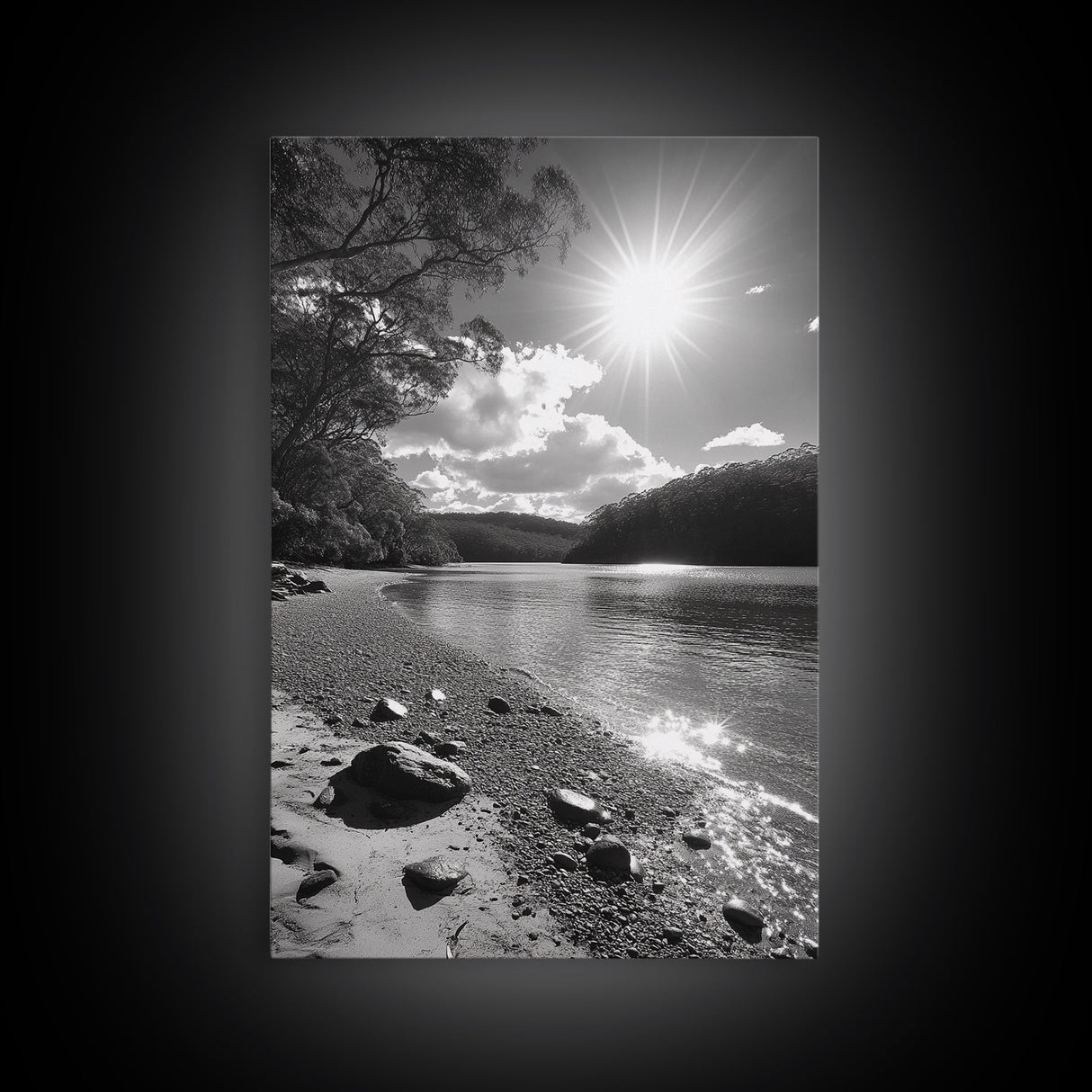 Ocean Shoreline, Serene Landscape, Coastal Photography, Canvas Print, Modern Nature Decor, Living Room Wall Art, Black and White Art