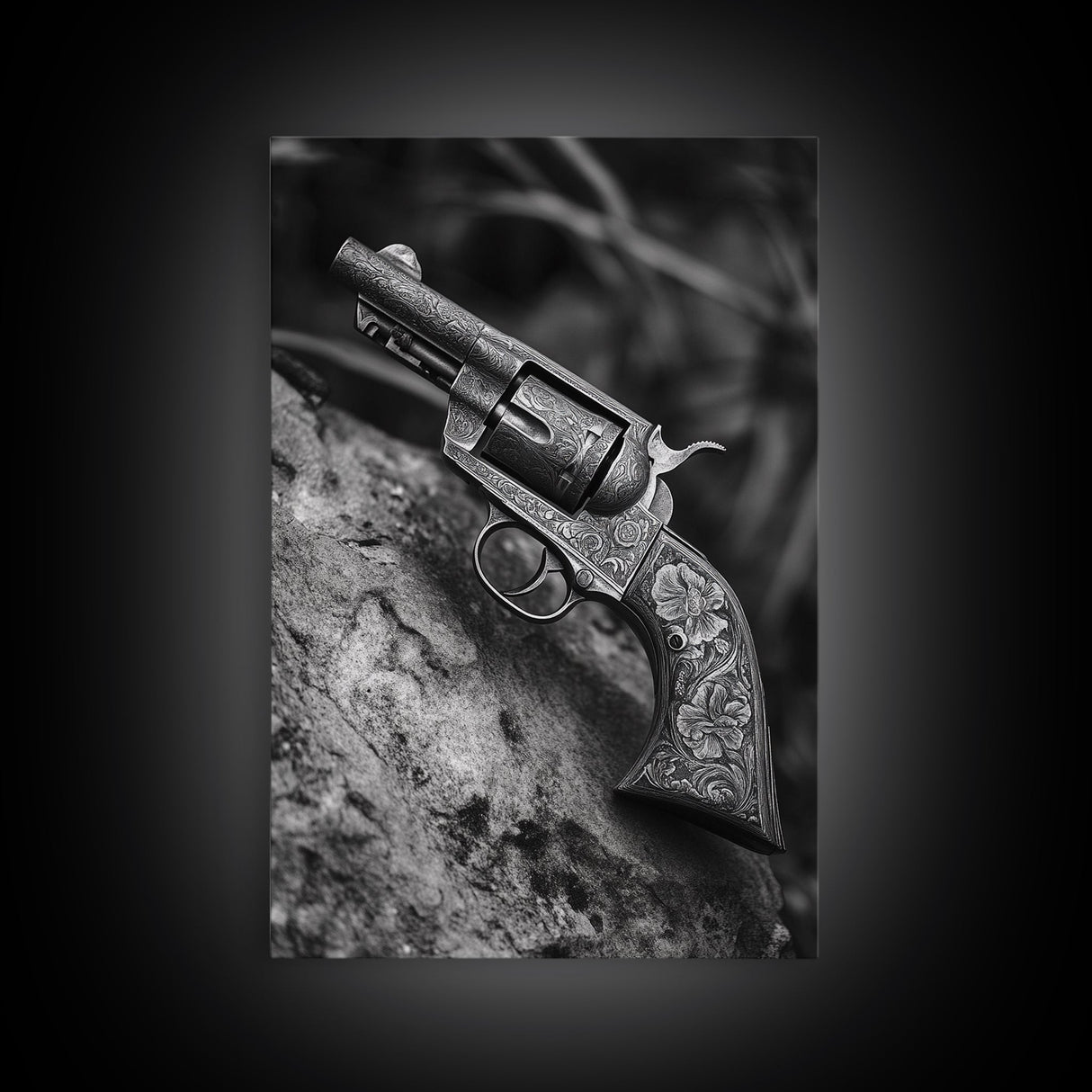 Floral Engraved Revolver, Vintage Western Gun, Cowboy Detail Shot, Canvas Print, Man Cave Art, Rustic Americana Wall Style