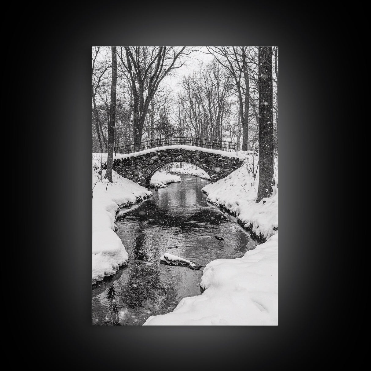 Stone Bridge, Winter Stream, Historic Pathway, Framed Canvas Print, Snowy Landscape Art, Traditional Living Room Wall Decor