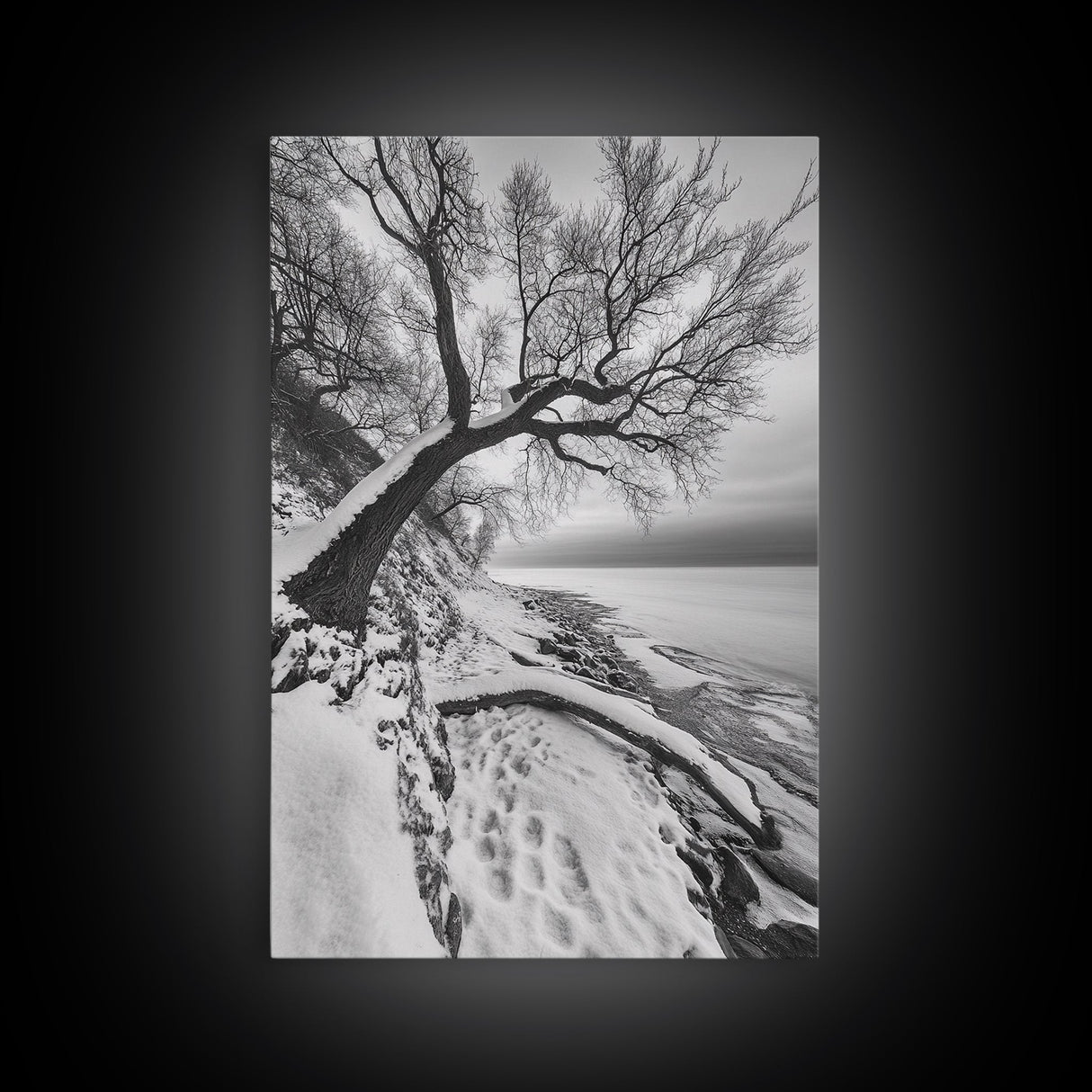 Coastal Snow, Barren Tree, Frozen Shoreline, Canvas Print, Serene Winter Decor, Entryway or Hallway Minimalist Wall Art