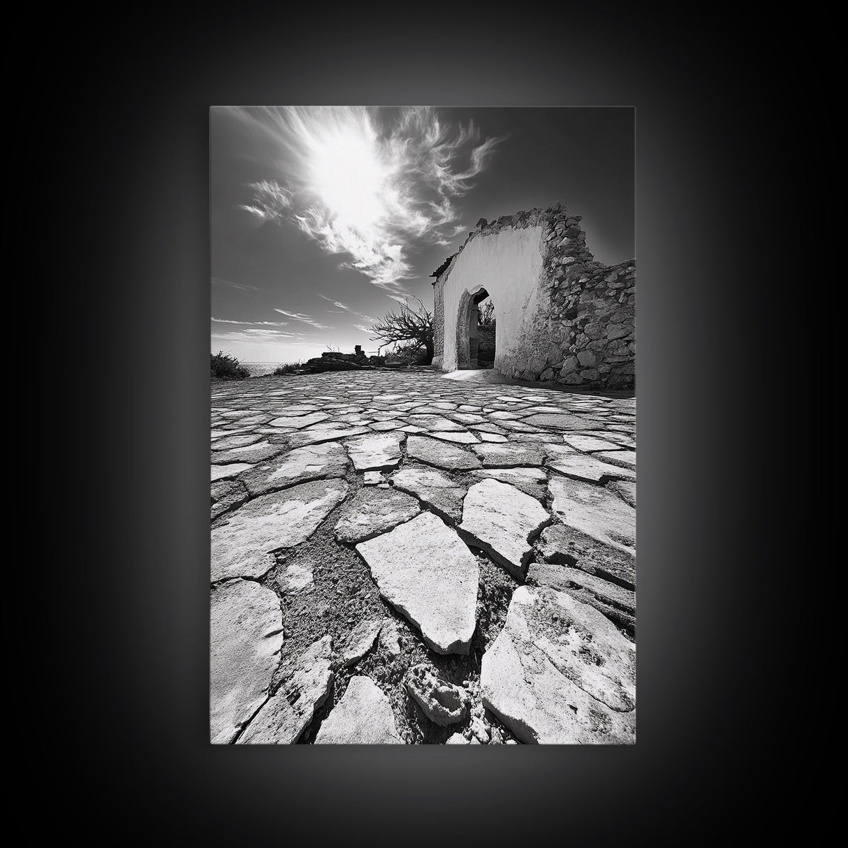 Desert Archway, Stone Ruins, Sunny Sky, Canvas Print, Rustic Travel Wall Art, Mediterranean Decor, Minimalist Earthy Aesthetic