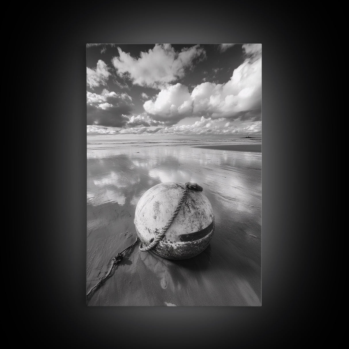 Washed buoy shore, coastal solitude, beach reflections, nautical simplicity, Framed Canvas Print, guest room art, seaside rustic wall decor