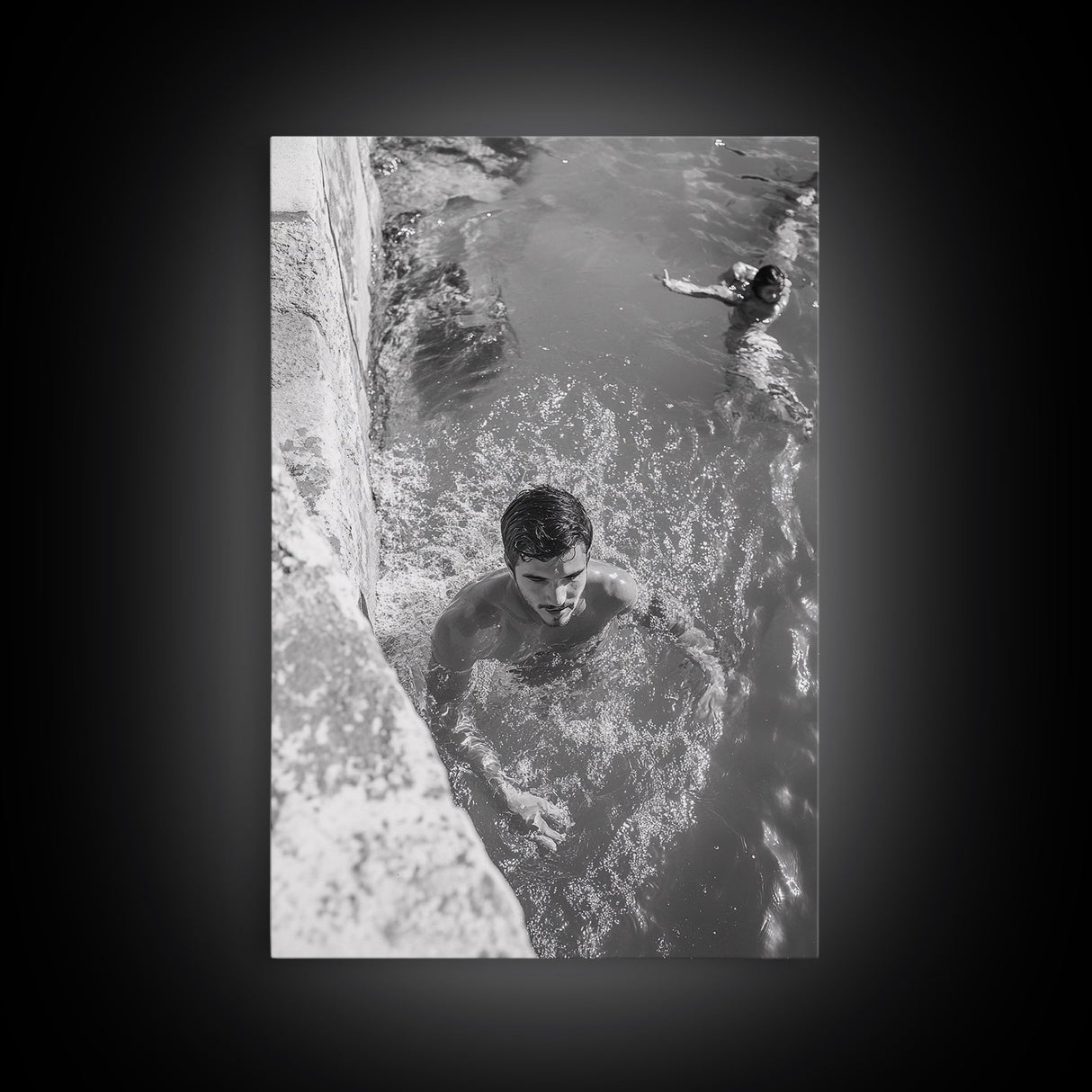 Swimmers, Summer Water, Beach Moment, Candid Photography, Framed Canvas Print, Bathroom Wall Art, Youthful Energetic Decor