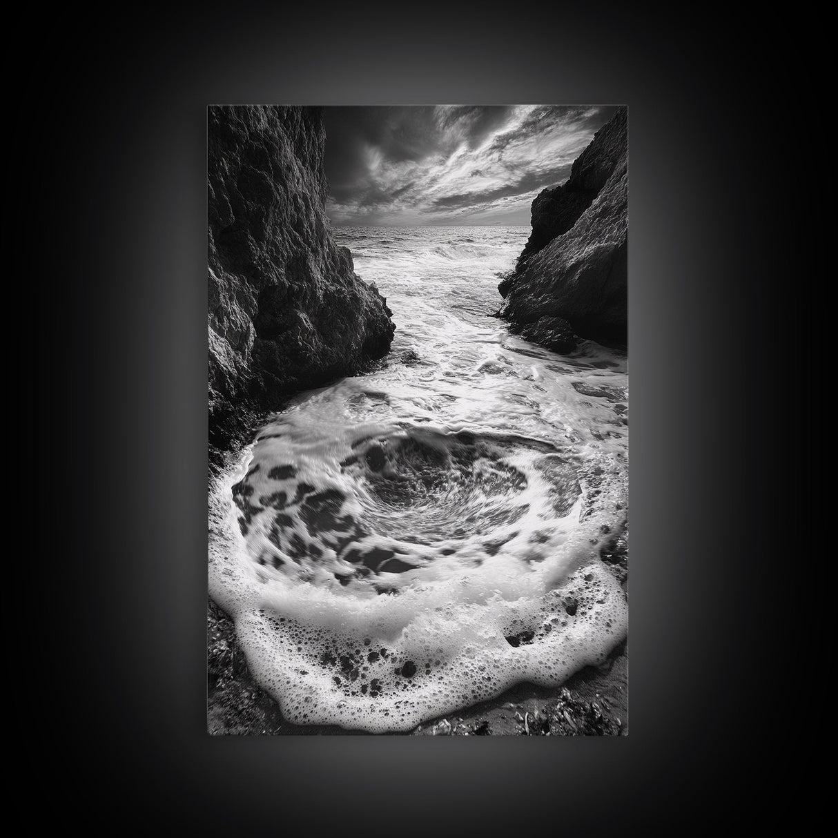 Sea Whirlpool, Dramatic Ocean, Coastal Rocks, Nature Motion, Framed Canvas Print, Bathroom Art, Modern Seaside Wall Decor